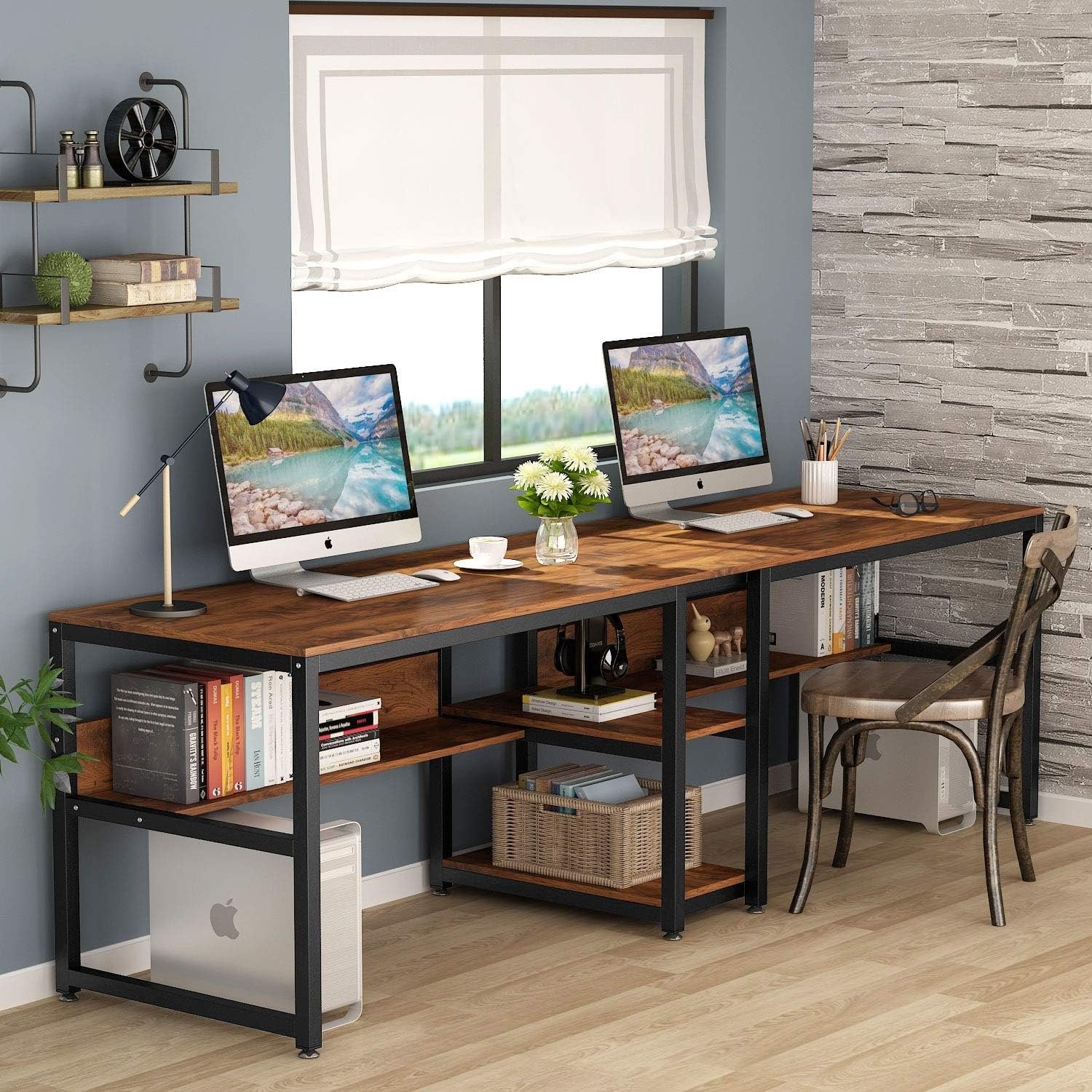 78.7 " Two Person Computer Desk with Bookshelf, Rustic Writing Desk Workstation with Shelf for Home Office