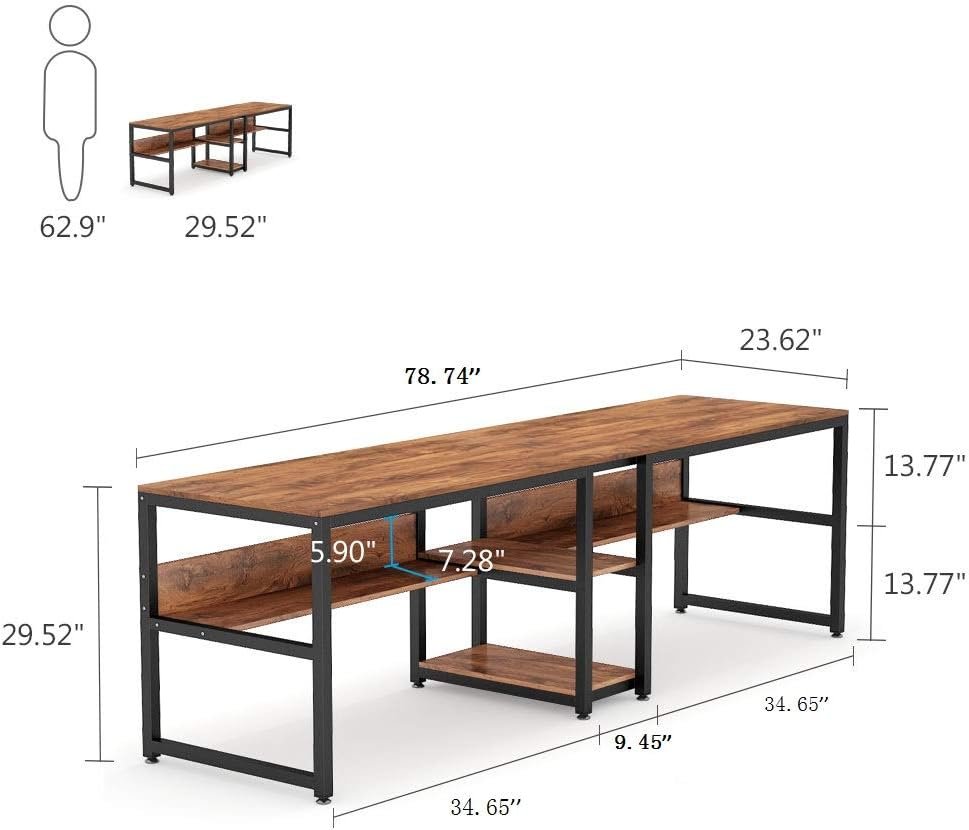 78.7 " Two Person Computer Desk with Bookshelf, Rustic Writing Desk Workstation with Shelf for Home Office