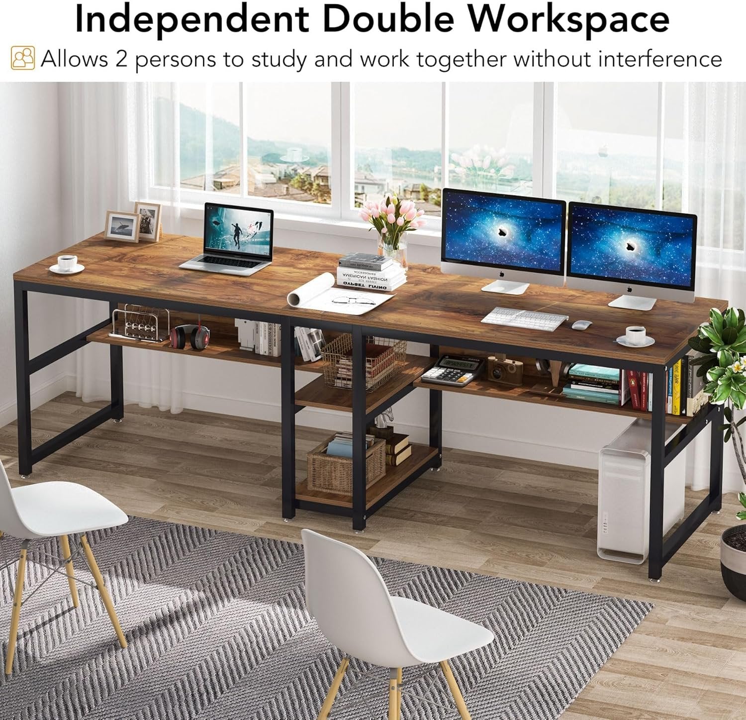 78.7 " Two Person Computer Desk with Bookshelf, Rustic Writing Desk Workstation with Shelf for Home Office