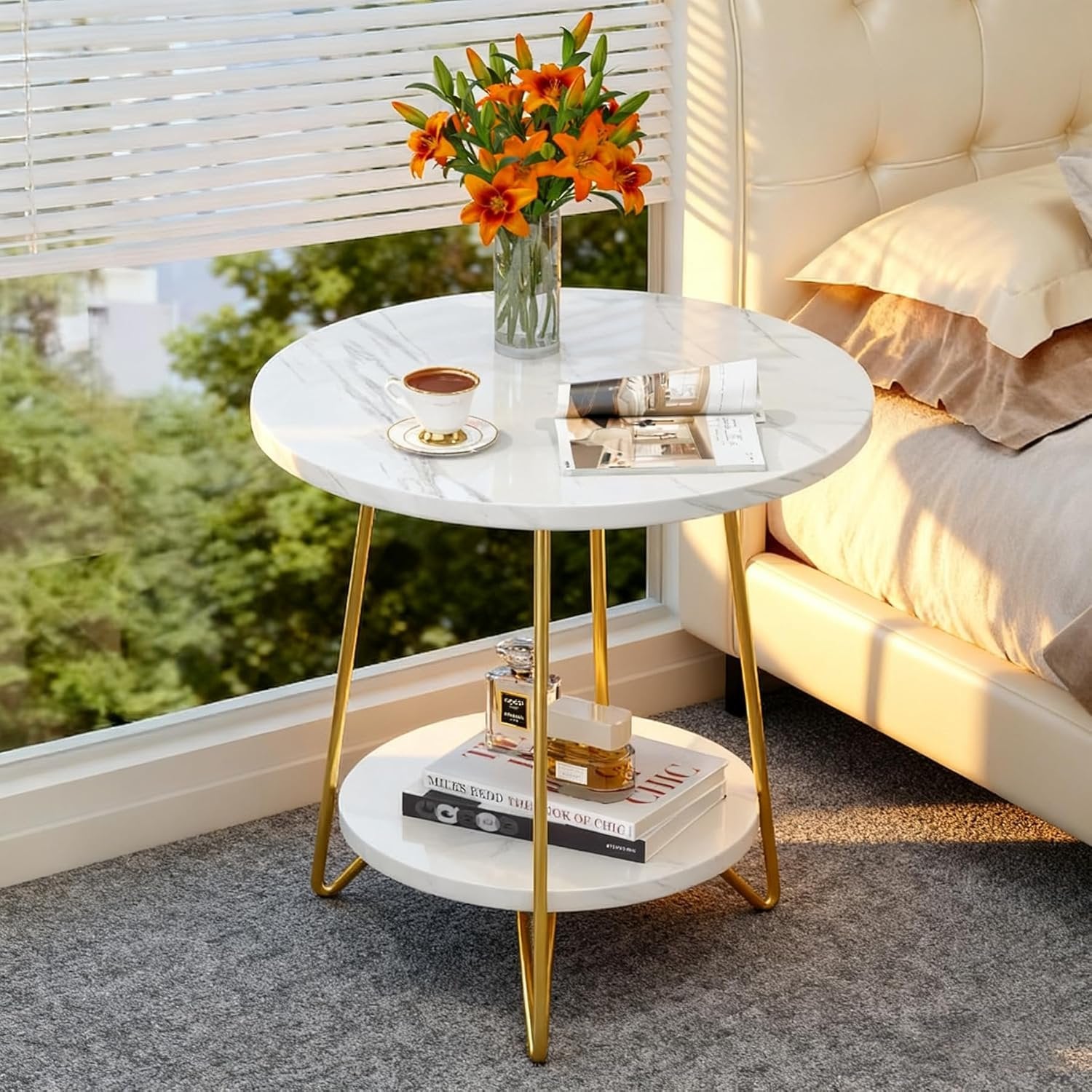2-Tier Round Side Table, Faux Marble End Table with Shelf for Living Room