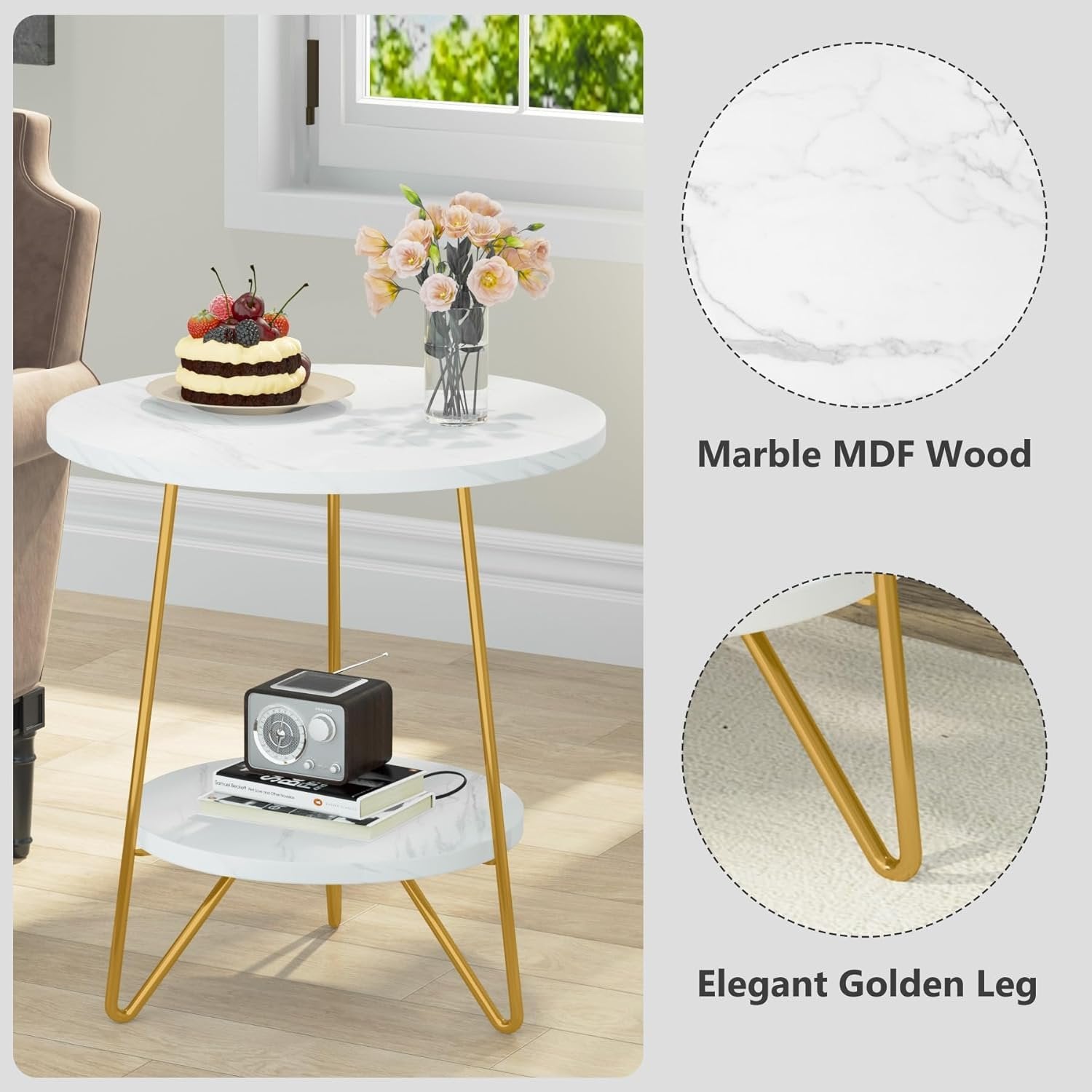 2-Tier Round Side Table, Faux Marble End Table with Shelf for Living Room