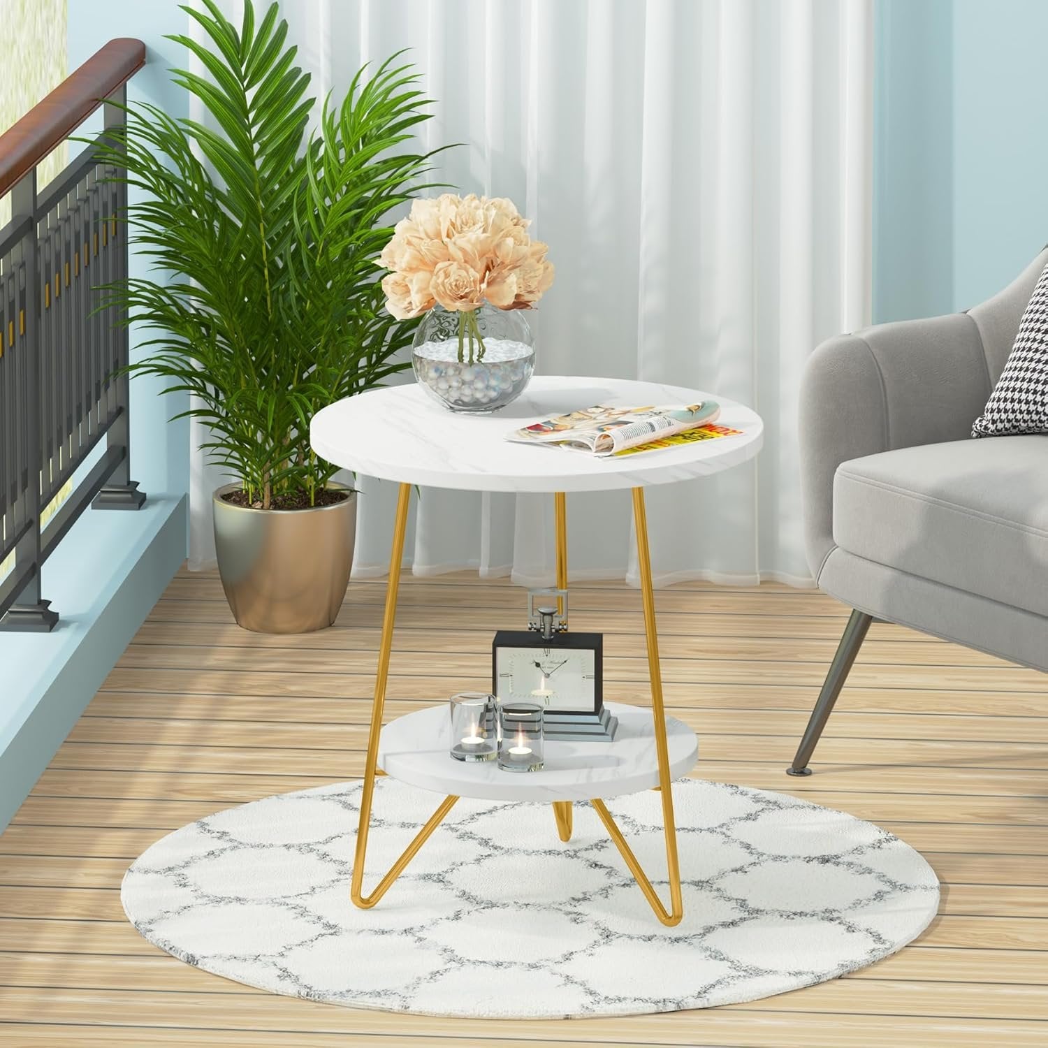 2-Tier Round Side Table, Faux Marble End Table with Shelf for Living Room