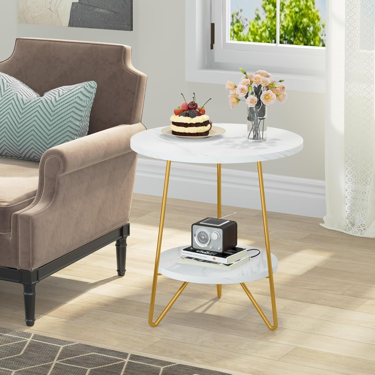 2-Tier Round Side Table, Faux Marble End Table with Shelf for Living Room