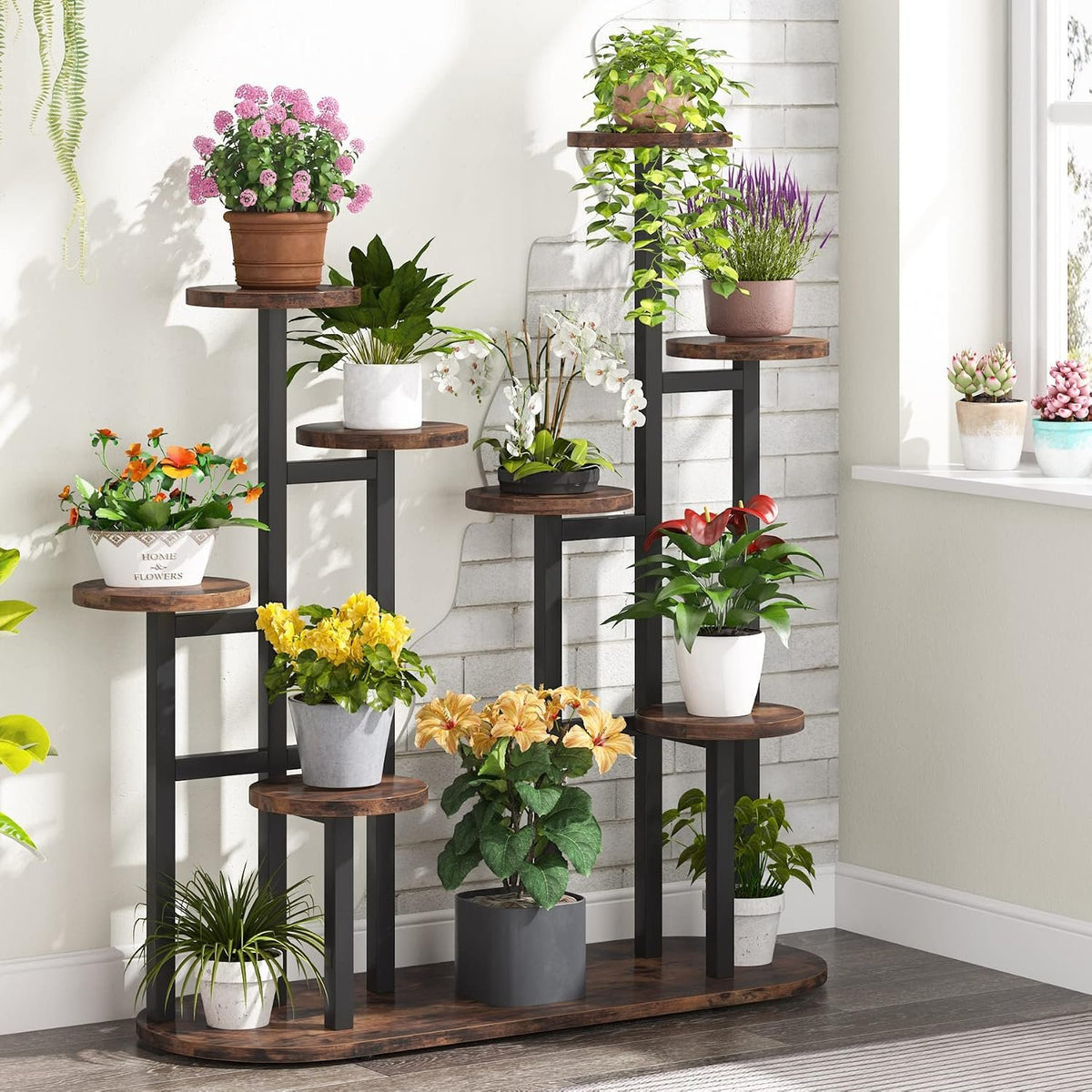 100x44x111cm 11-Tier Plant Stand, Tall Rustic Brown Metal & Wood for Home.
