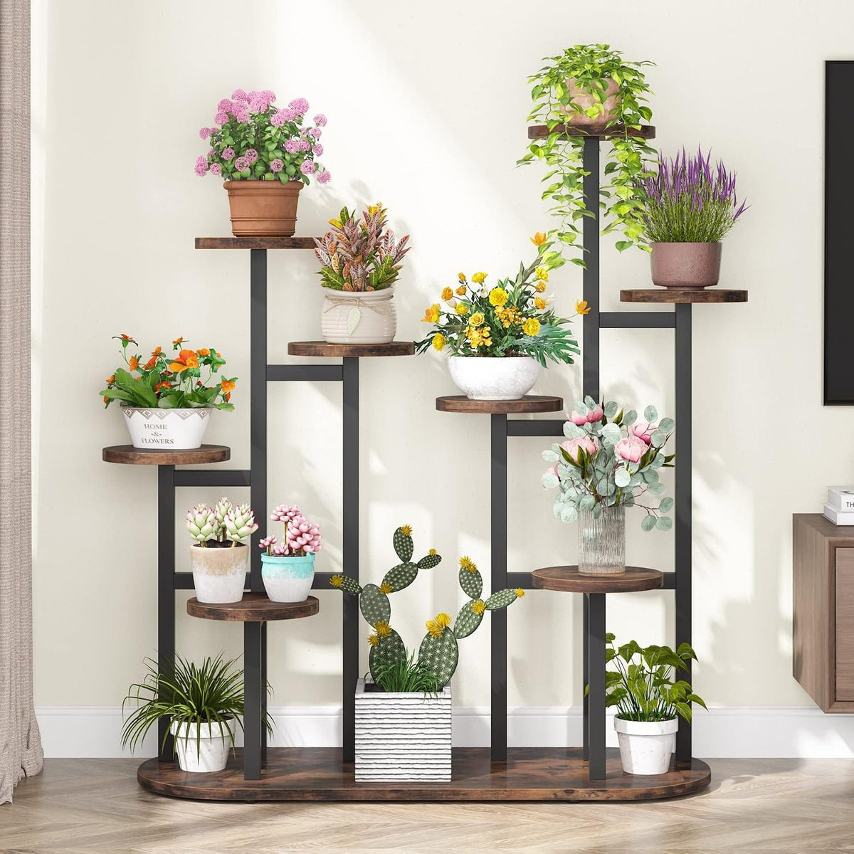 100x44x111cm 11-Tier Plant Stand, Tall Rustic Brown Metal & Wood for Home.