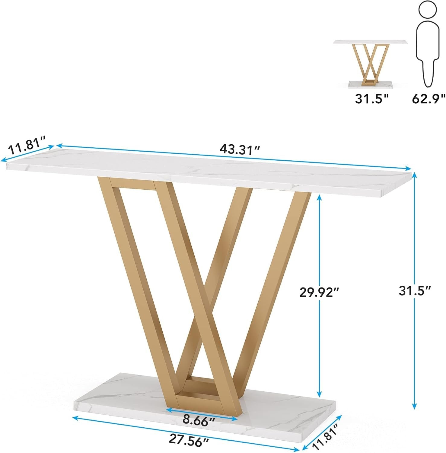 43" Gold Console Table, Modern Hallway Table Entryway Tables Narrow Sofa Table for Living Room