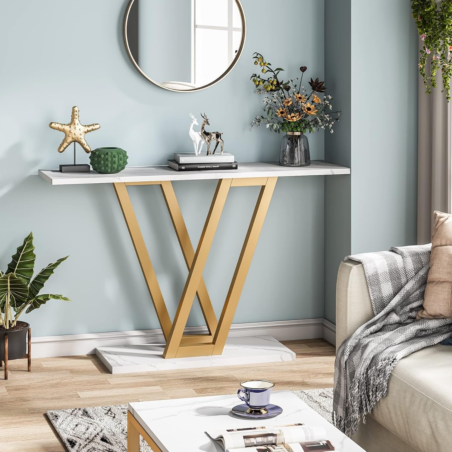 43" Gold Console Table, Modern Hallway Table Entryway Tables Narrow Sofa Table for Living Room