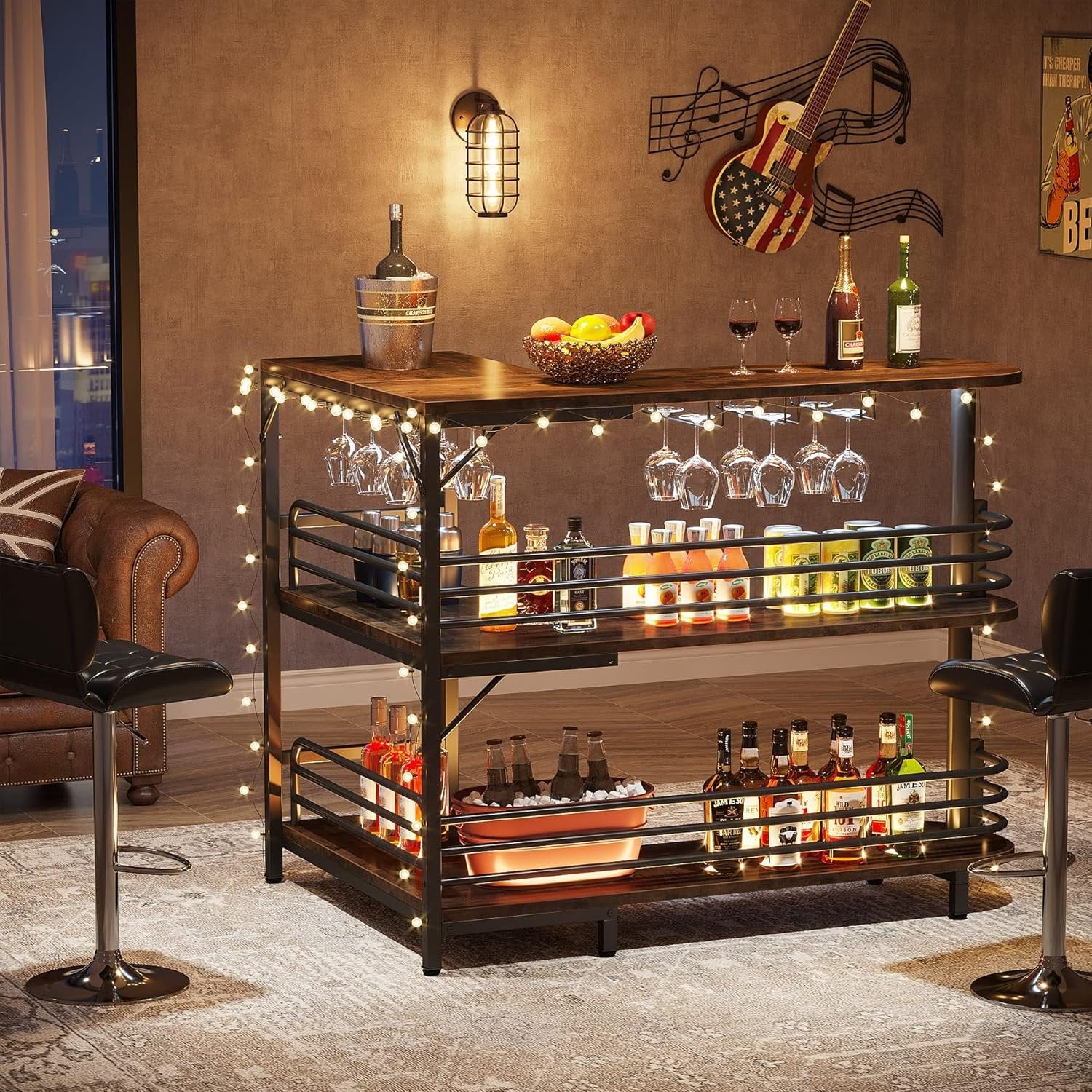 L-Shaped Home Bar Unit, 3-Tier Liquor Table With Storage Shelves and Wine Glasses Holder for Home Kitchen Pub