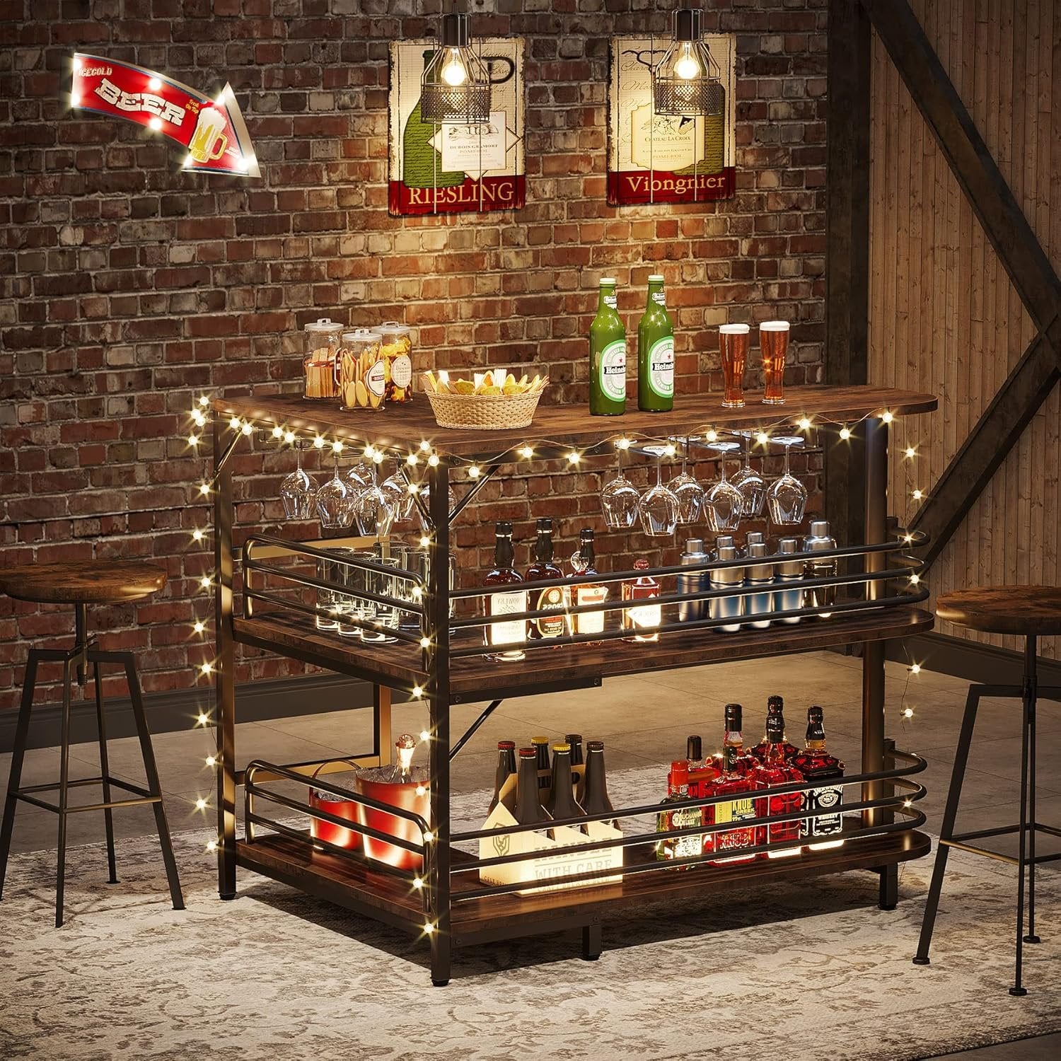 L-Shaped Home Bar Unit, 3-Tier Liquor Table With Storage Shelves and Wine Glasses Holder for Home Kitchen Pub