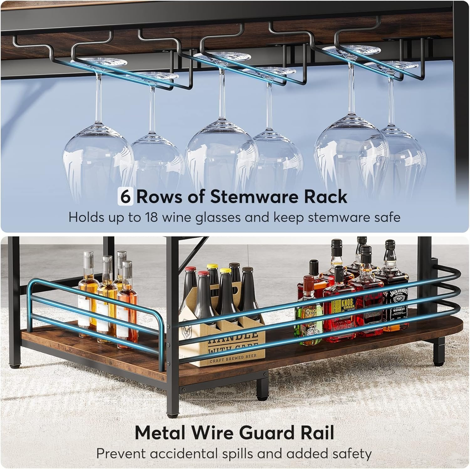 L-Shaped Home Bar Unit, 3-Tier Liquor Table With Storage Shelves and Wine Glasses Holder for Home Kitchen Pub