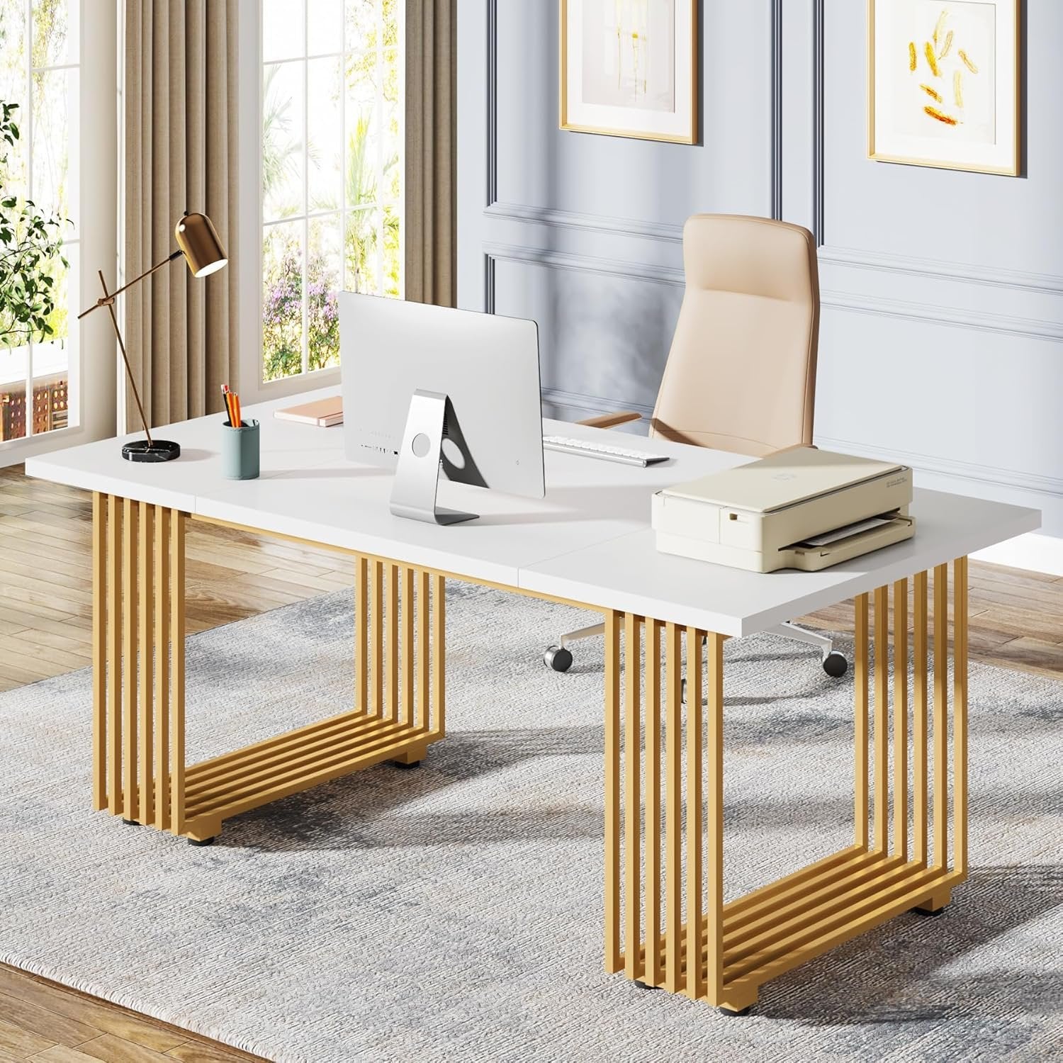 70.9" Modern Office Desk, White Executive Desk with Gold Metal Legs Large Workstation for Home Office