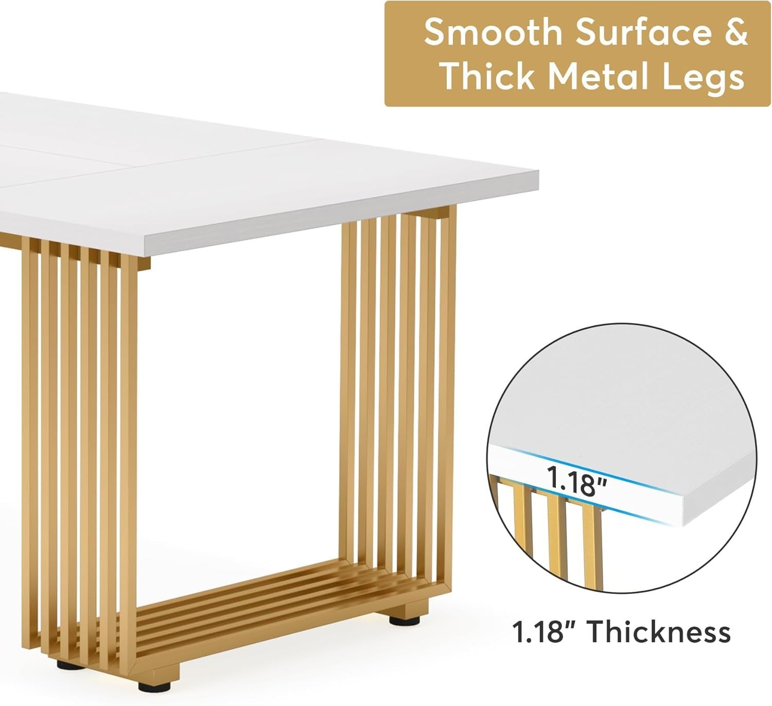 70.9" Modern Office Desk, White Executive Desk with Gold Metal Legs Large Workstation for Home Office
