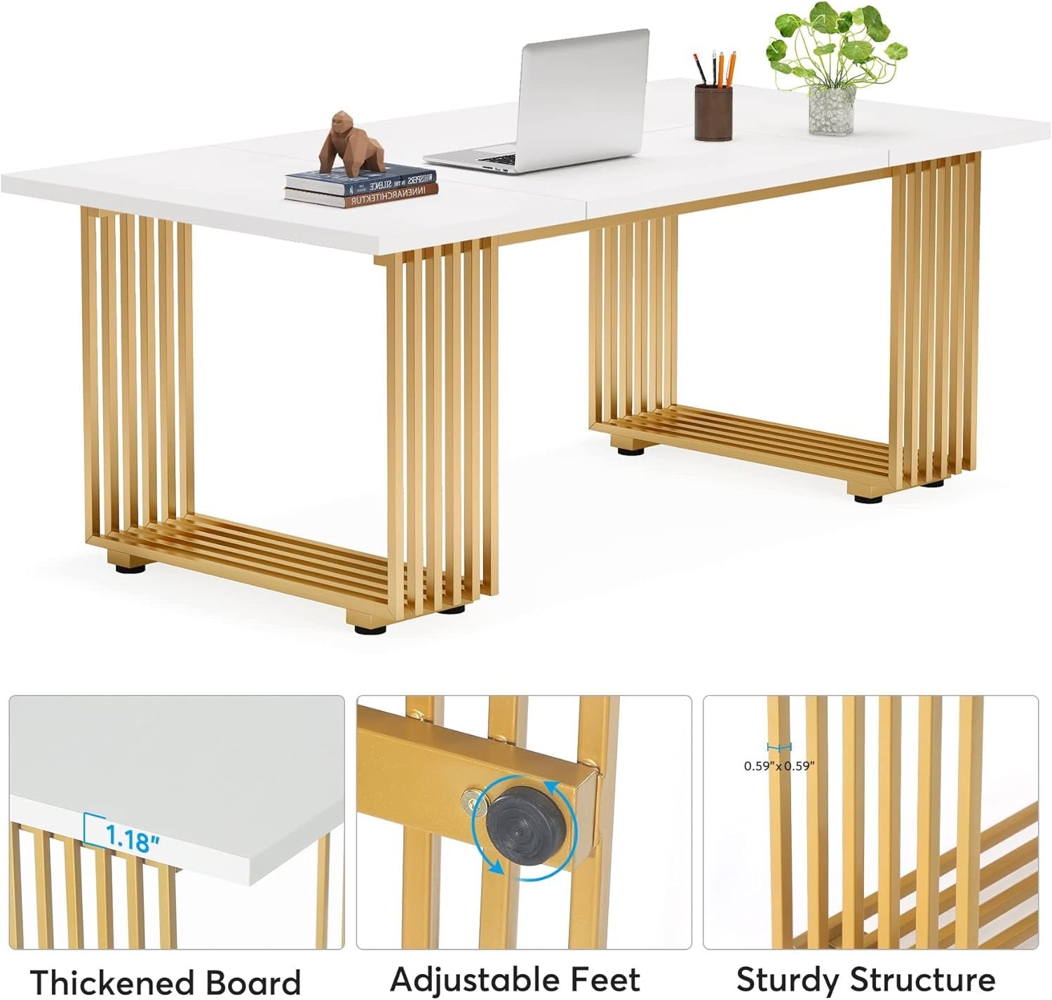 70.9" Modern Office Desk, White Executive Desk with Gold Metal Legs Large Workstation for Home Office