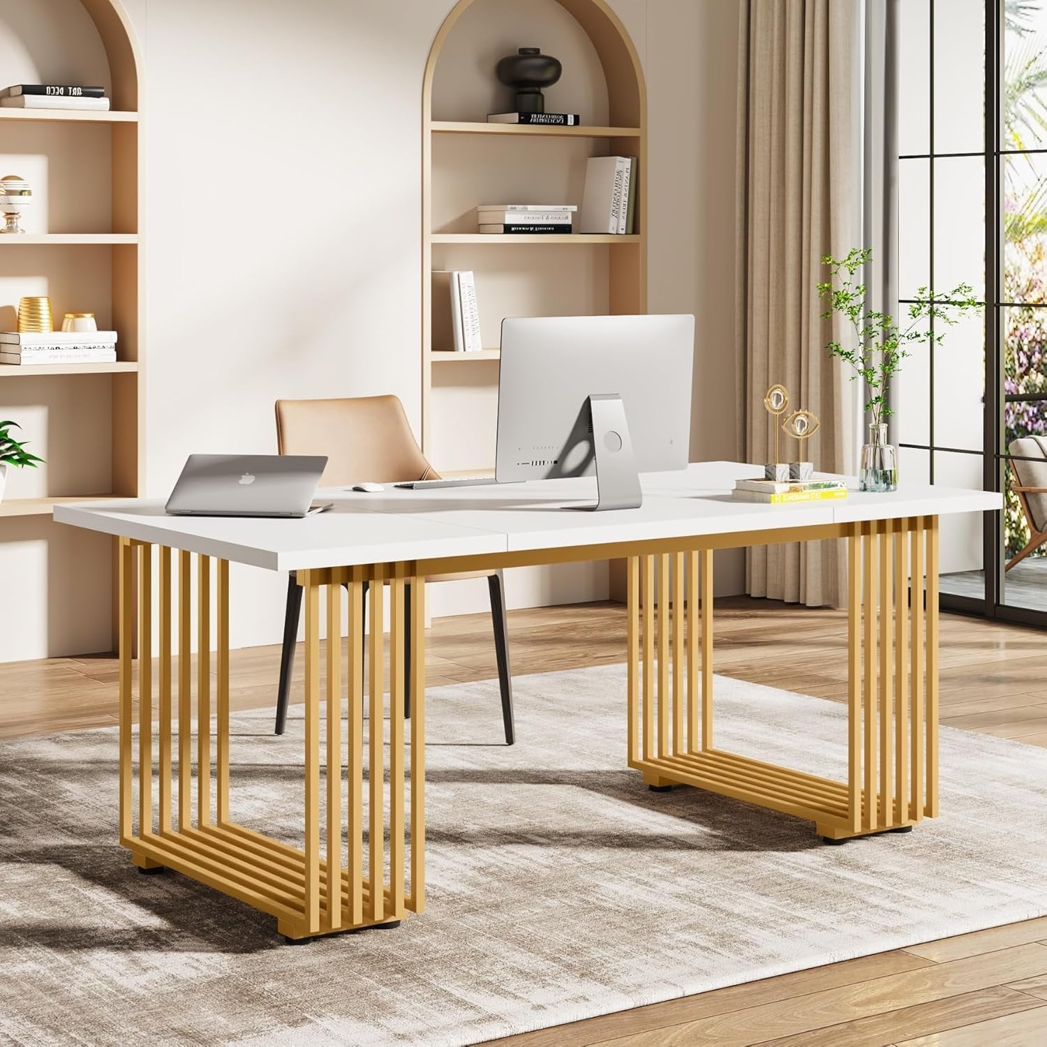 70.9" Modern Office Desk, White Executive Desk with Gold Metal Legs Large Workstation for Home Office