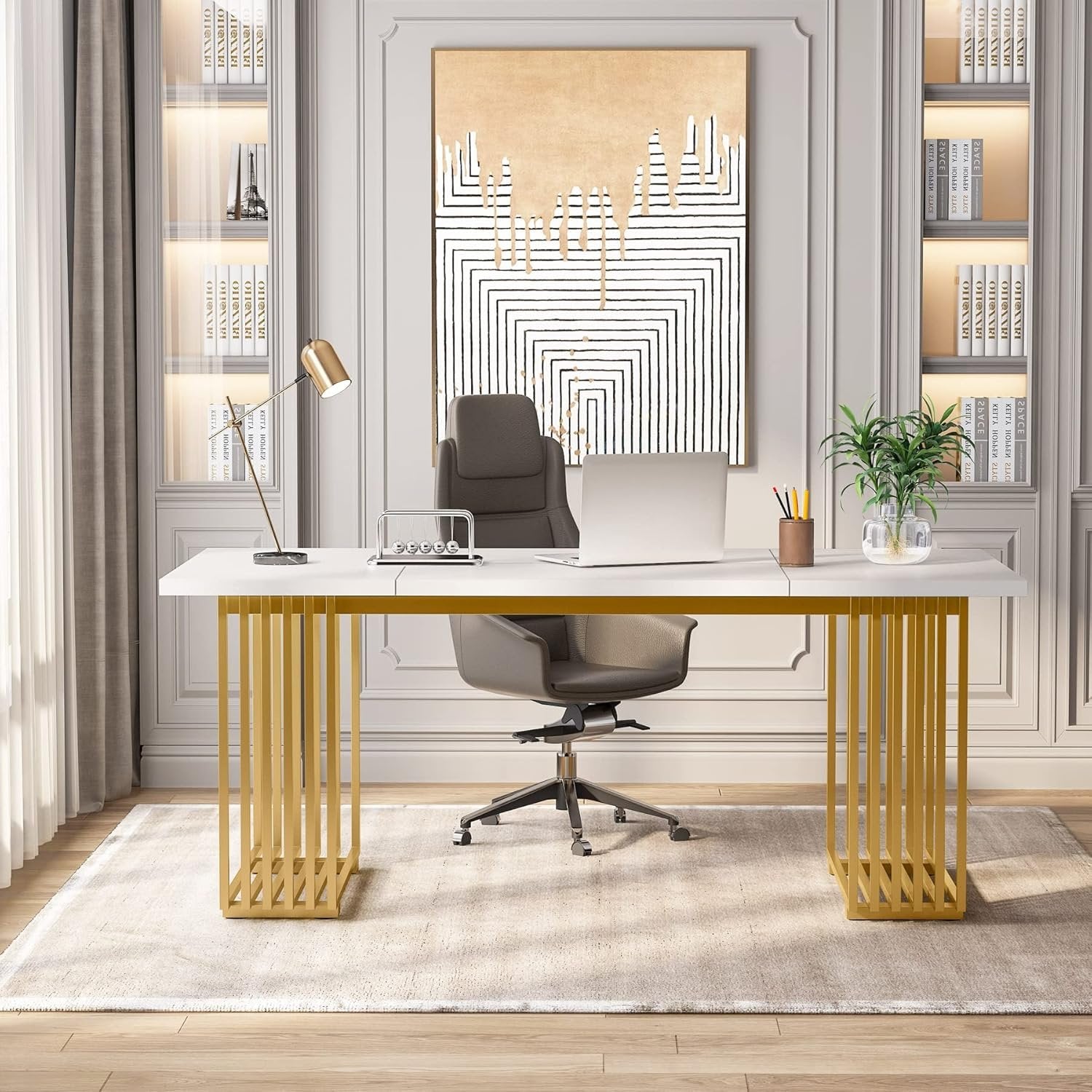 70.9" Modern Office Desk, White Executive Desk with Gold Metal Legs Large Workstation for Home Office