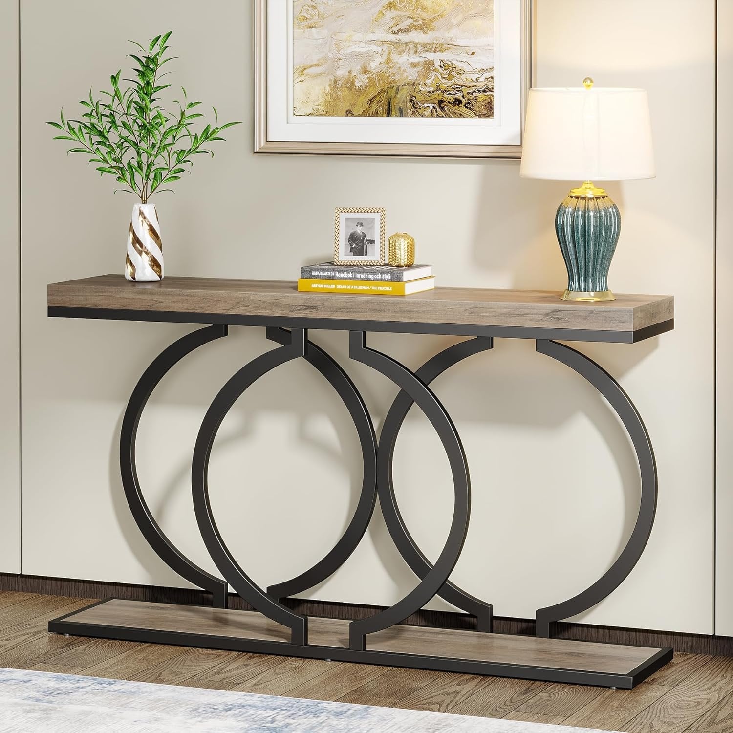 55" Console Table, Narrow Entryway Sofa Table with Geometric Metal Frame