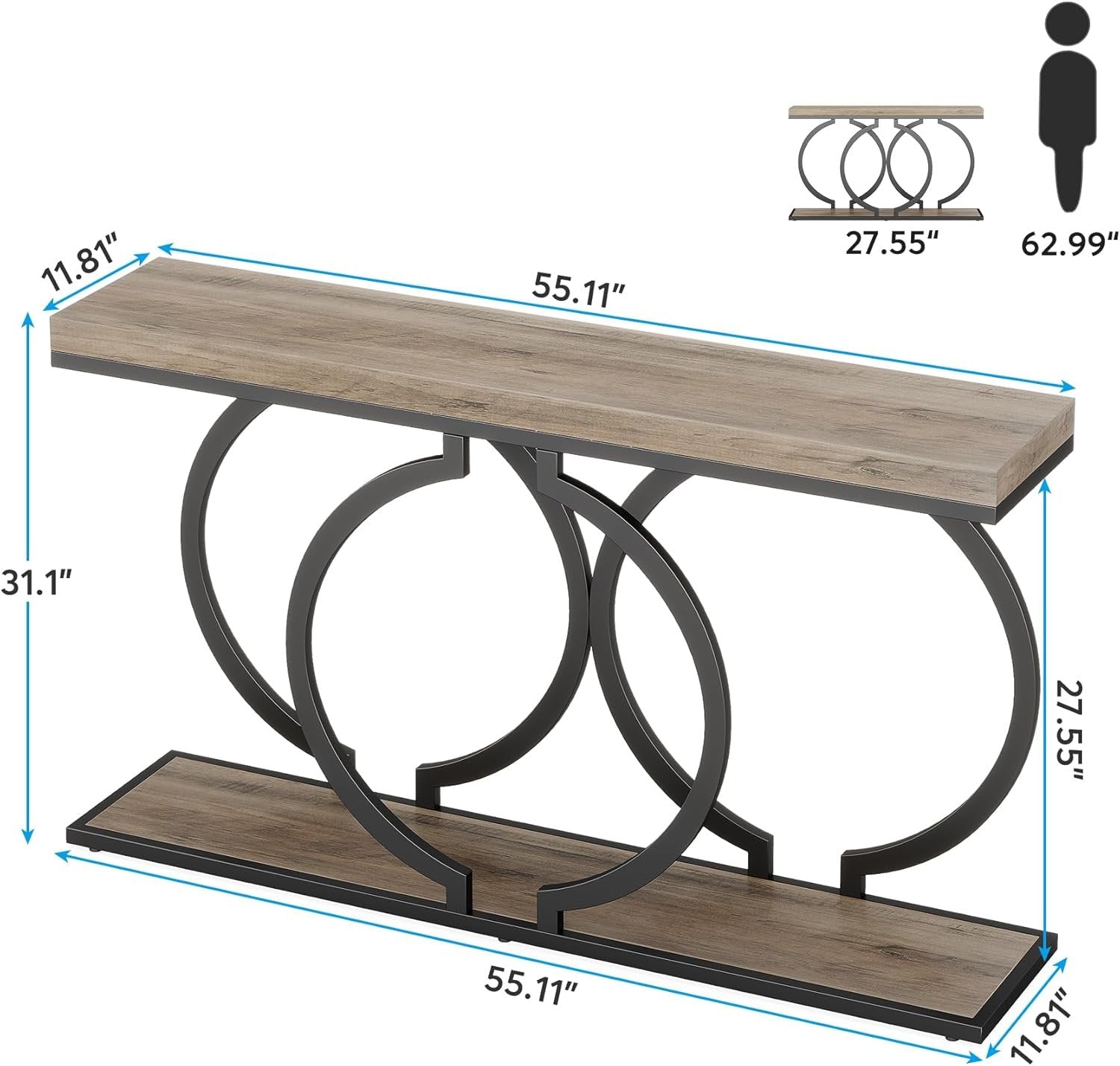 55" Console Table, Narrow Entryway Sofa Table with Geometric Metal Frame
