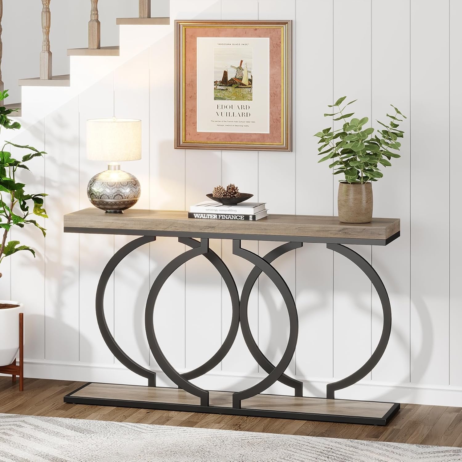 55" Console Table, Narrow Entryway Sofa Table with Geometric Metal Frame