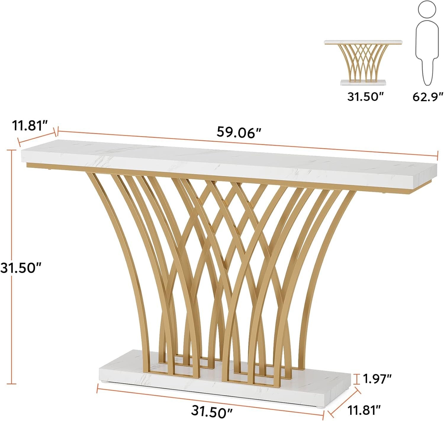 59" Gold Console Table, Modern Entryway Table with Grid-Shaped Metal Base for Entrance
