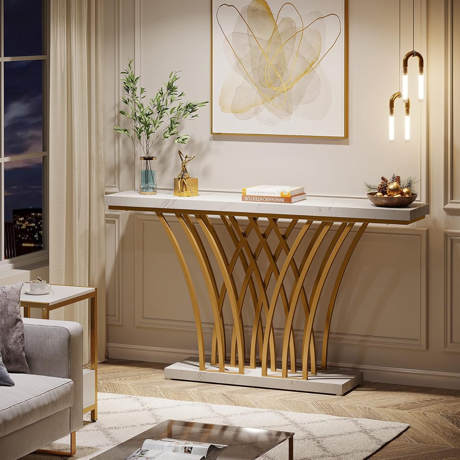 59" Gold Console Table, Modern Entryway Table with Grid-Shaped Metal Base for Entrance