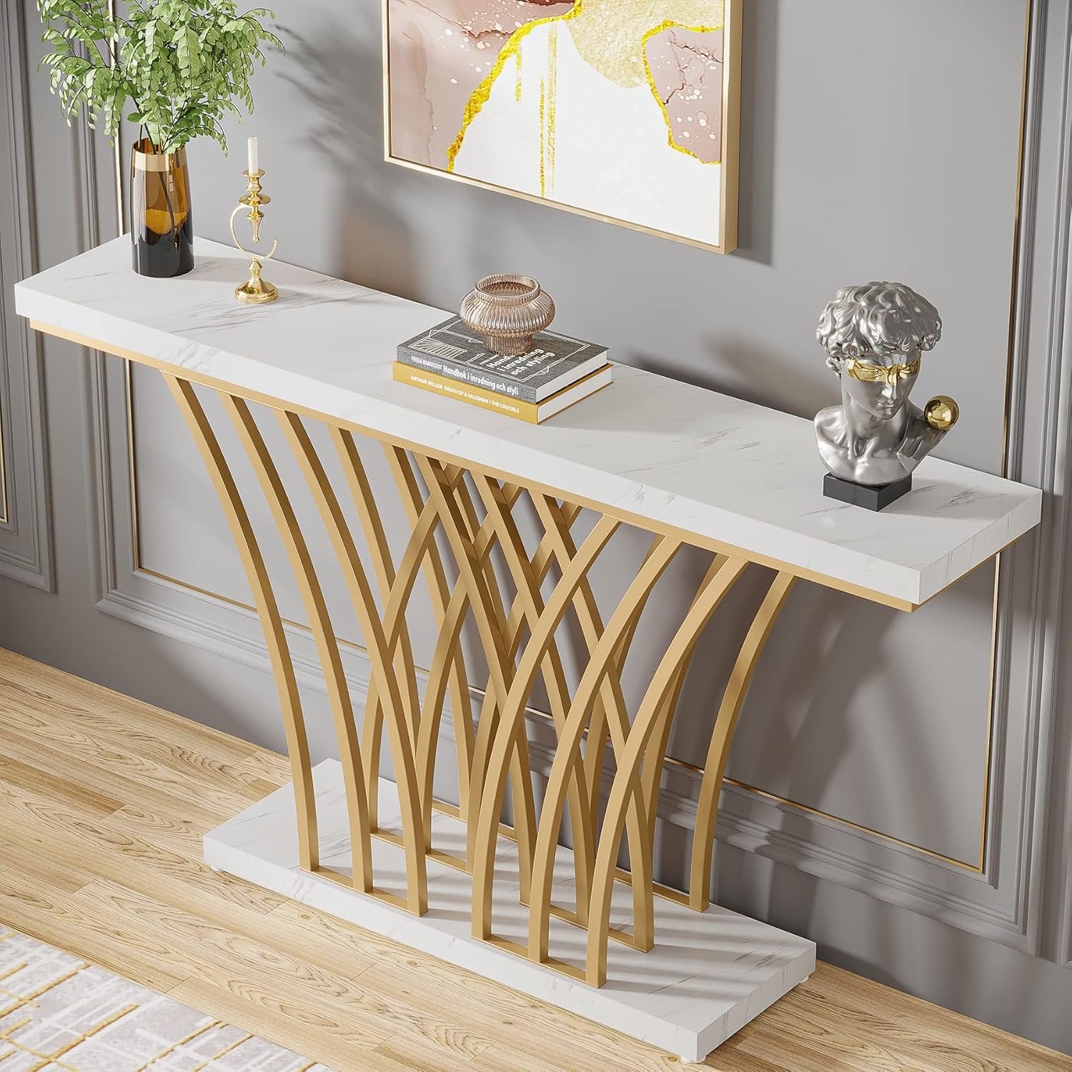 59" Gold Console Table, Modern Entryway Table with Grid-Shaped Metal Base for Entrance