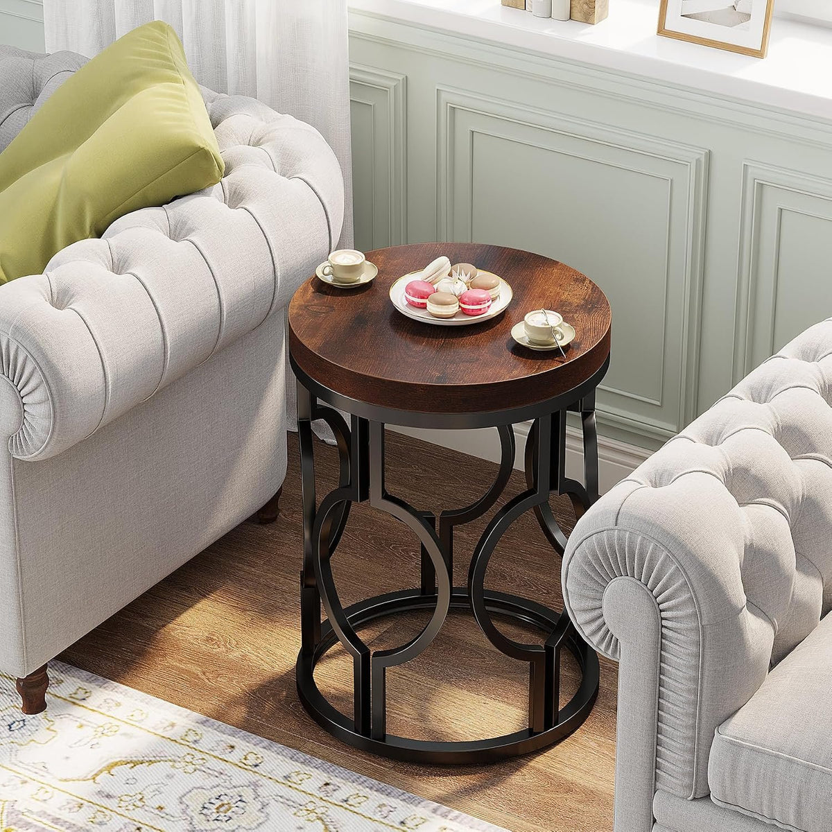 45cm Round Side Table, Industrial Metal Frame for Living Room Bedroom
