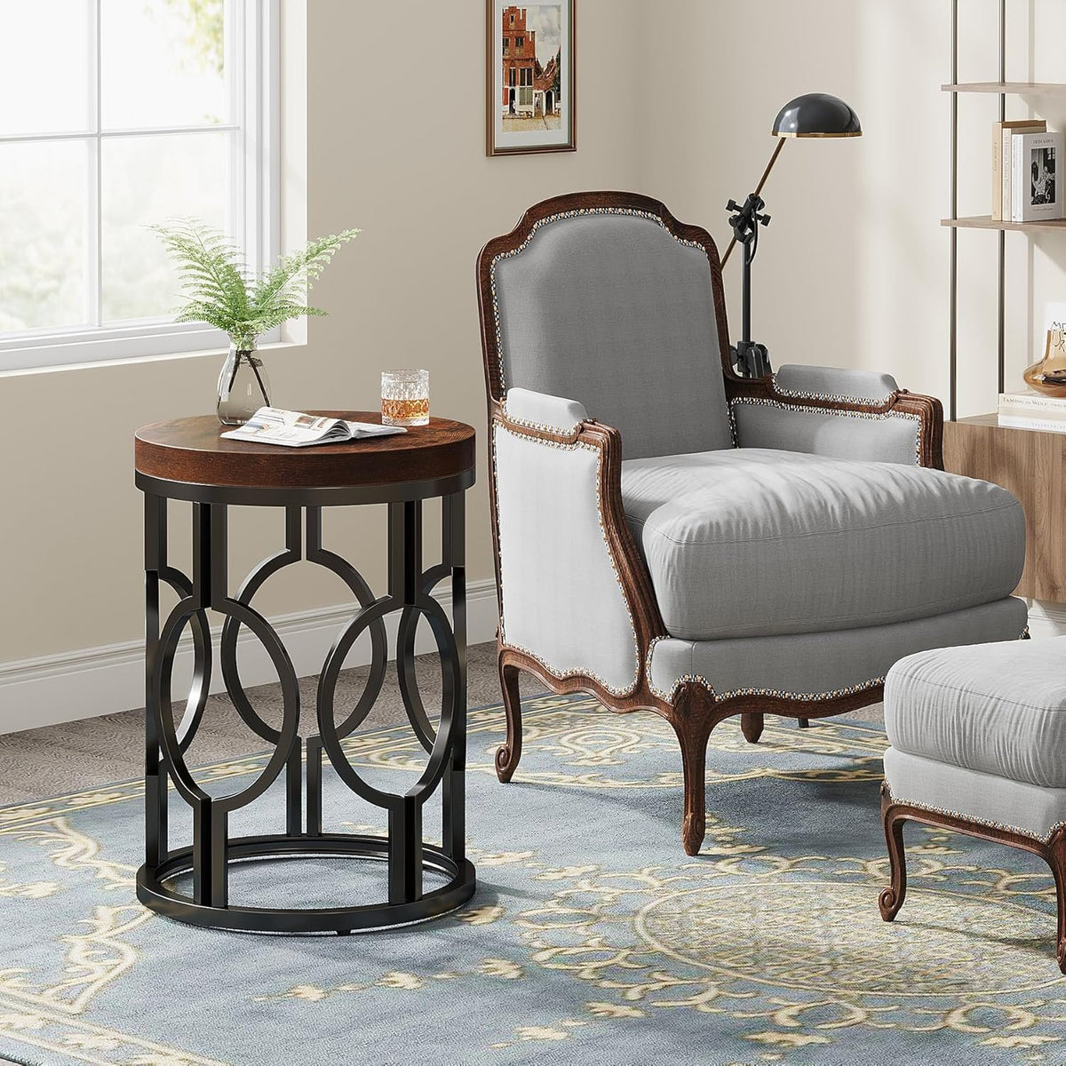 45cm Round Side Table, Industrial Metal Frame for Living Room Bedroom