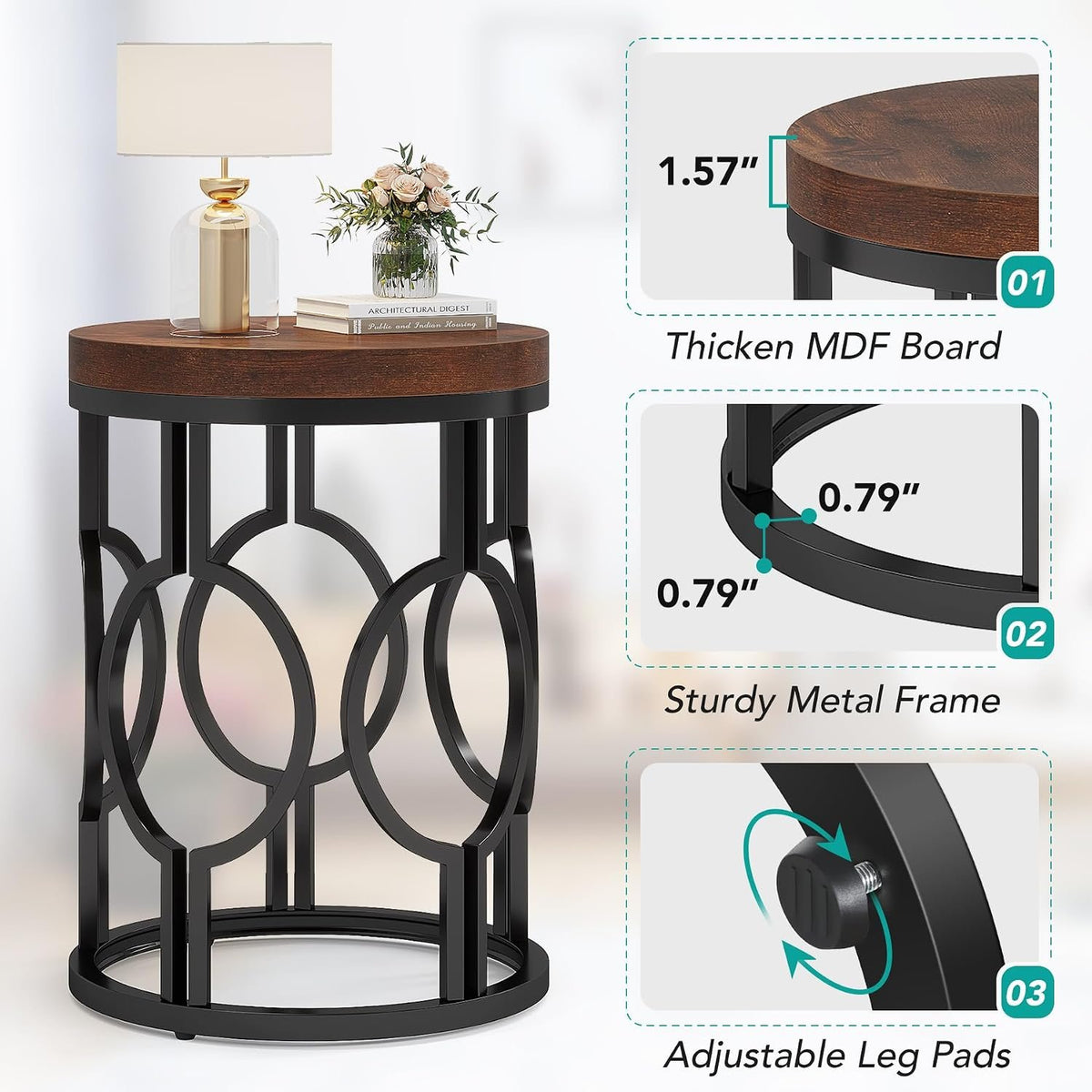 45cm Round Side Table, Industrial Metal Frame for Living Room Bedroom