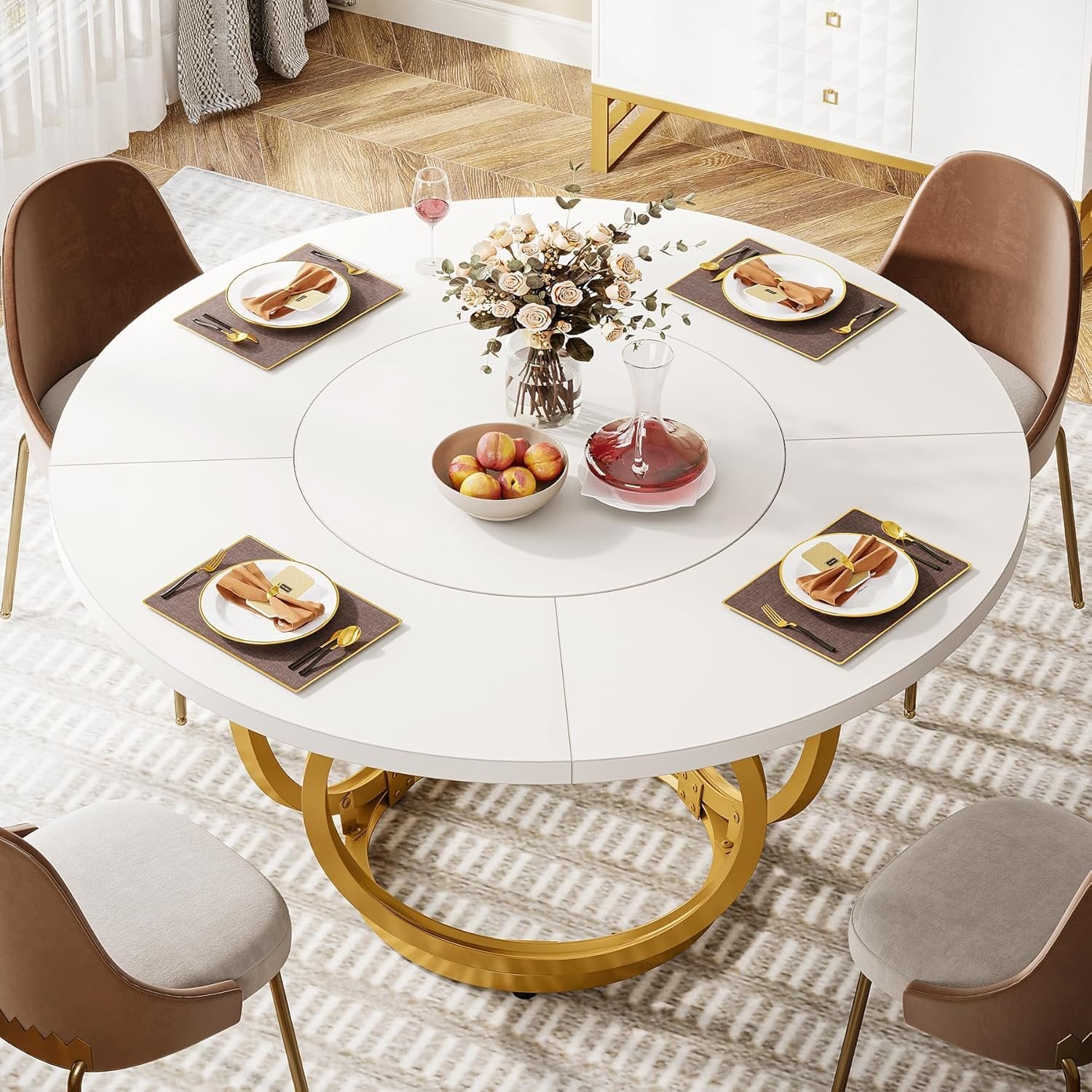120cm Modern Round Dining Table for 4, White Wood Kitchen Table with Gold Metal Base