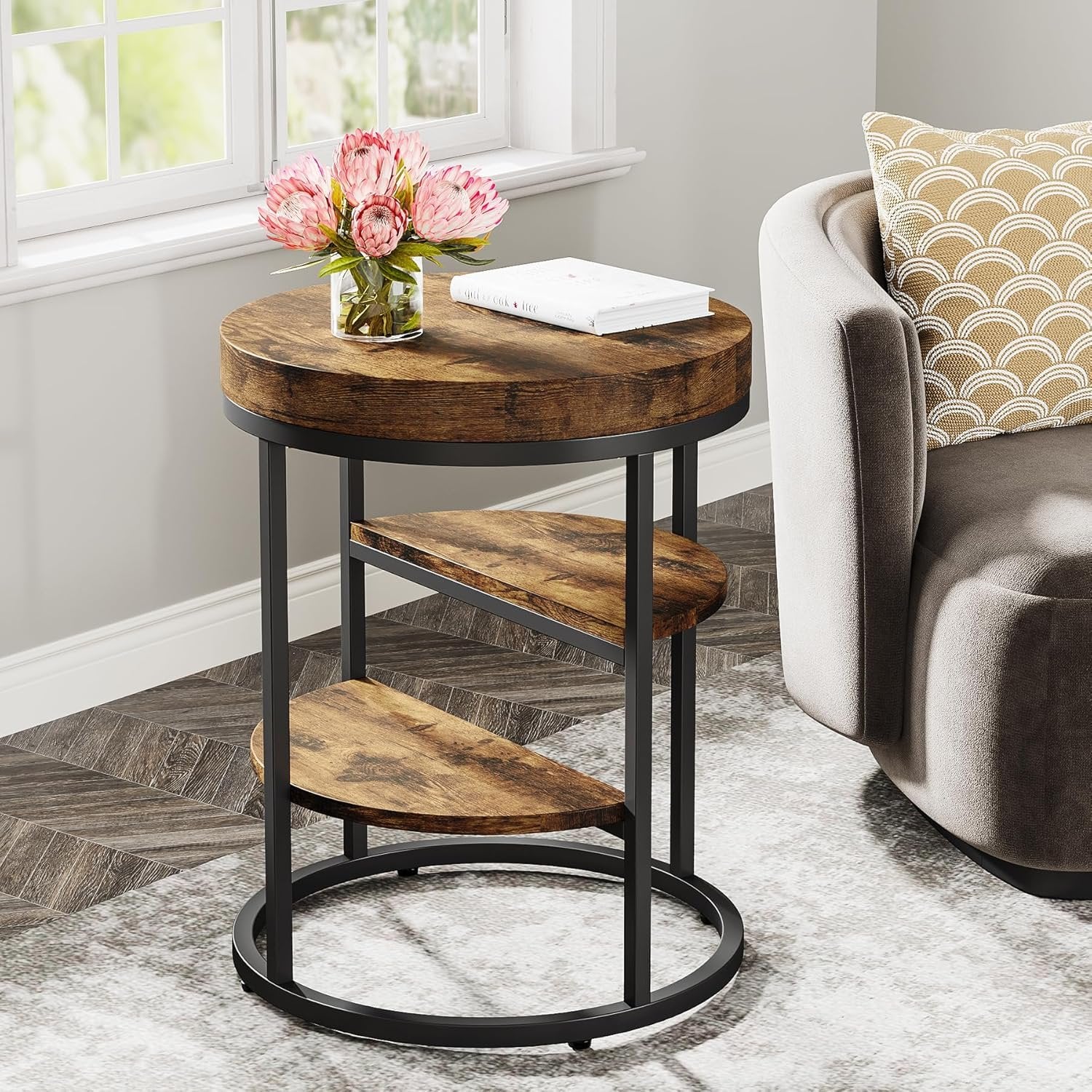 3-Tier Round End Table, Side Table with Storage Shelves Industrial Nightstand for Small Spaces