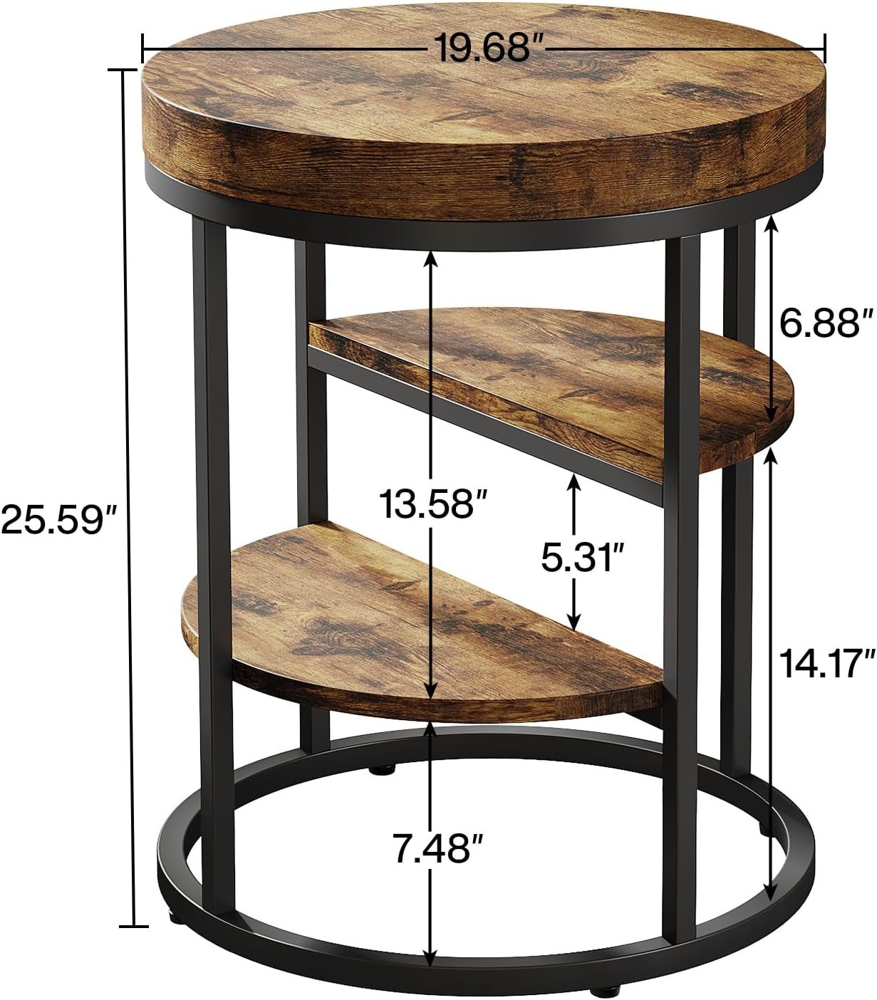 3-Tier Round End Table, Side Table with Storage Shelves Industrial Nightstand for Small Spaces