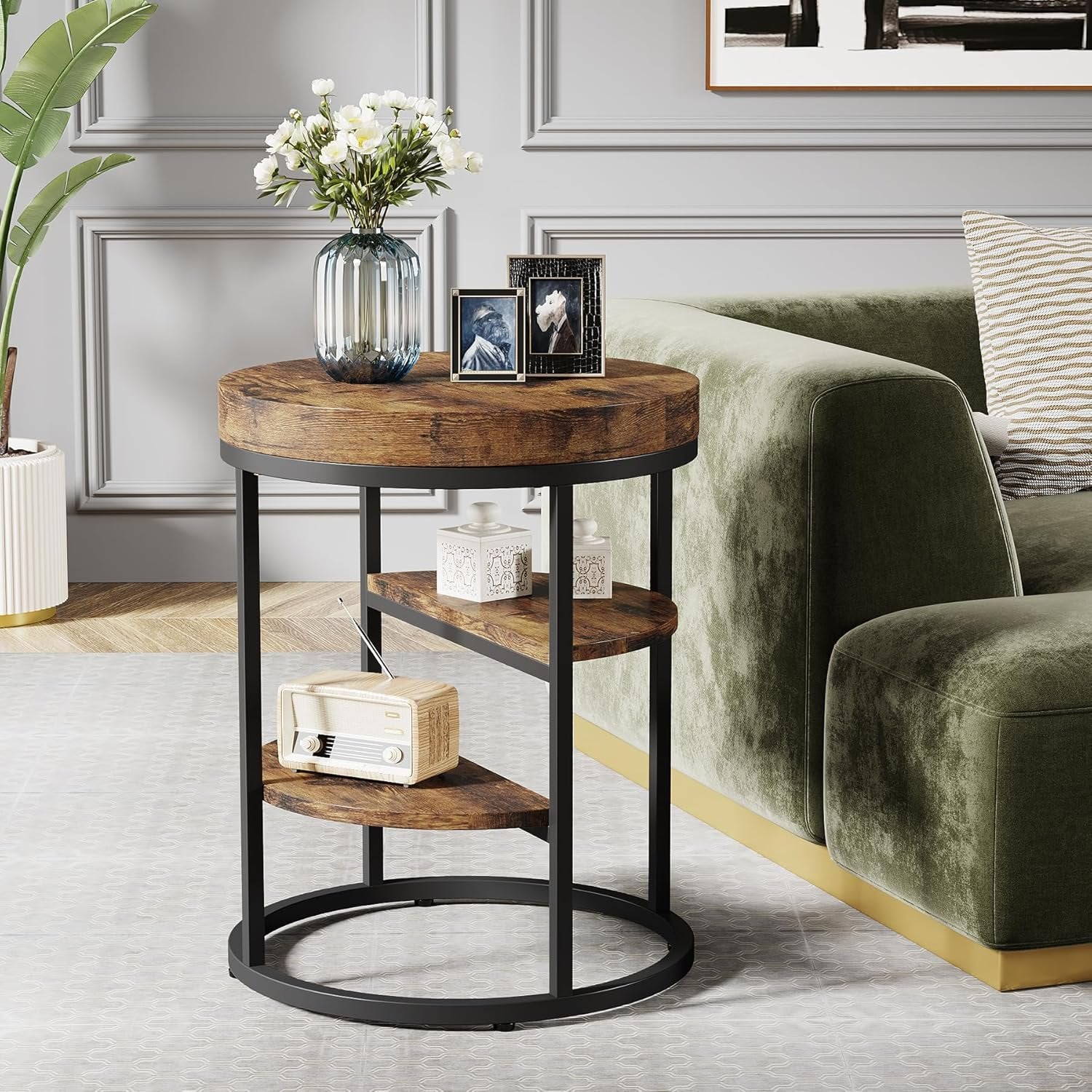 3-Tier Round End Table, Side Table with Storage Shelves Industrial Nightstand for Small Spaces