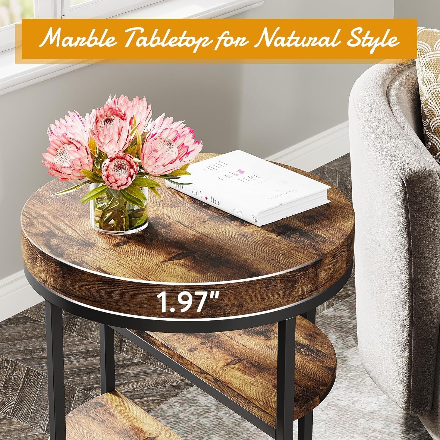 3-Tier Round End Table, Side Table with Storage Shelves Industrial Nightstand for Small Spaces