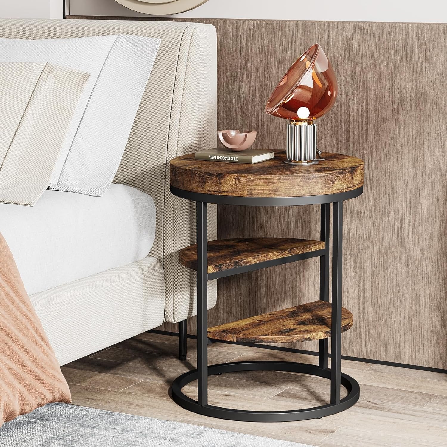 3-Tier Round End Table, Side Table with Storage Shelves Industrial Nightstand for Small Spaces
