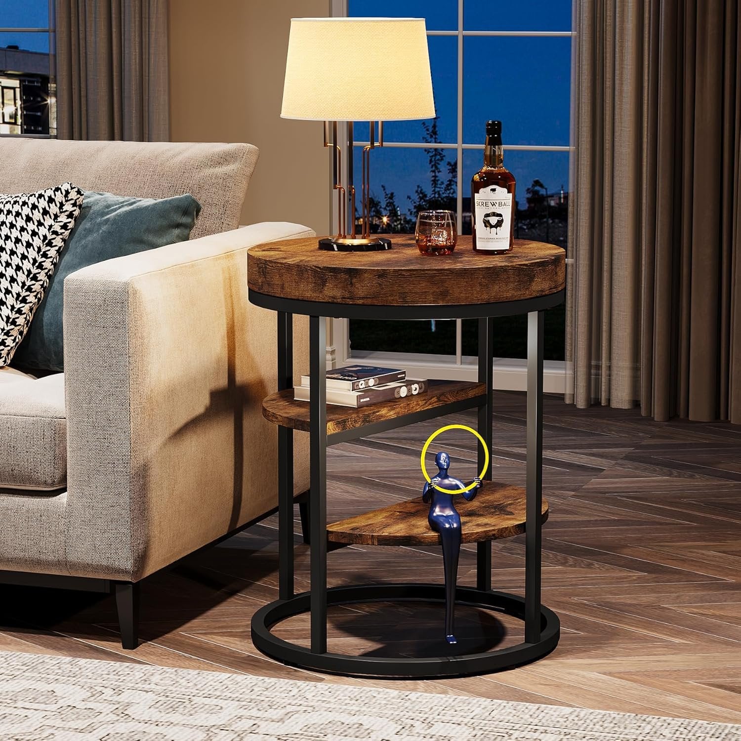 3-Tier Round End Table, Side Table with Storage Shelves Industrial Nightstand for Small Spaces