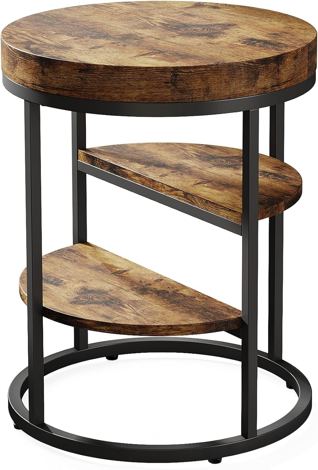 3-Tier Round End Table, Side Table with Storage Shelves Industrial Nightstand for Small Spaces