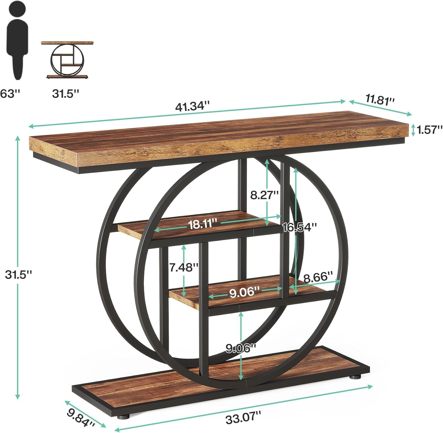 41.3" Console Table, Industrial 4-Tier Sofa Entryway Table with Circle Base