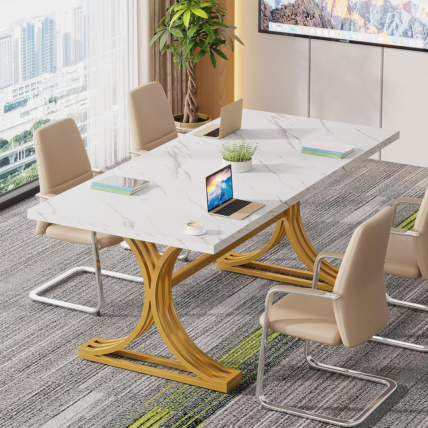 63" Modern Faux Marble Conference Table, Elegant White and Gold Design for Home Office Meetings Seating Six