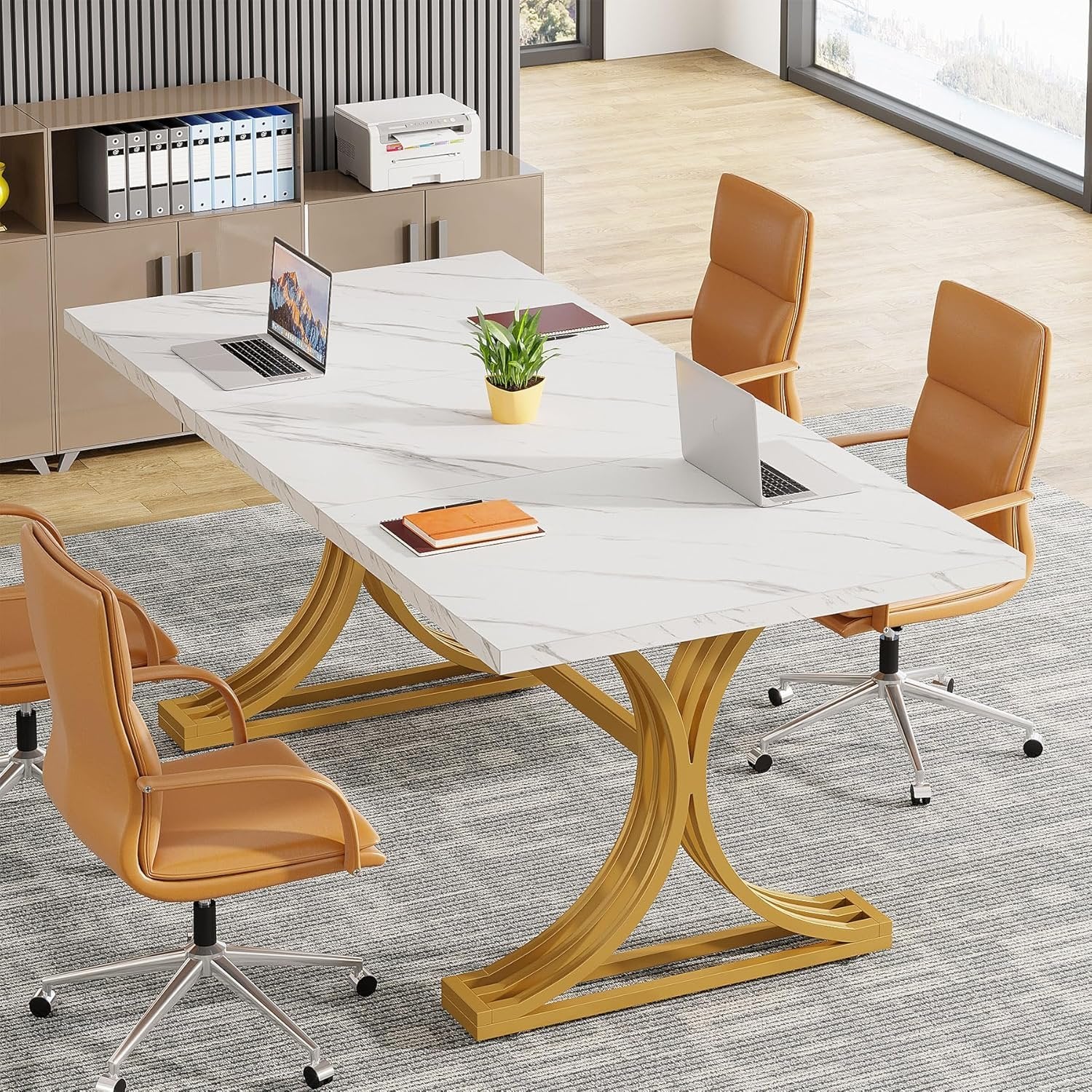 63" Modern Faux Marble Conference Table, Elegant White and Gold Design for Home Office Meetings Seating Six