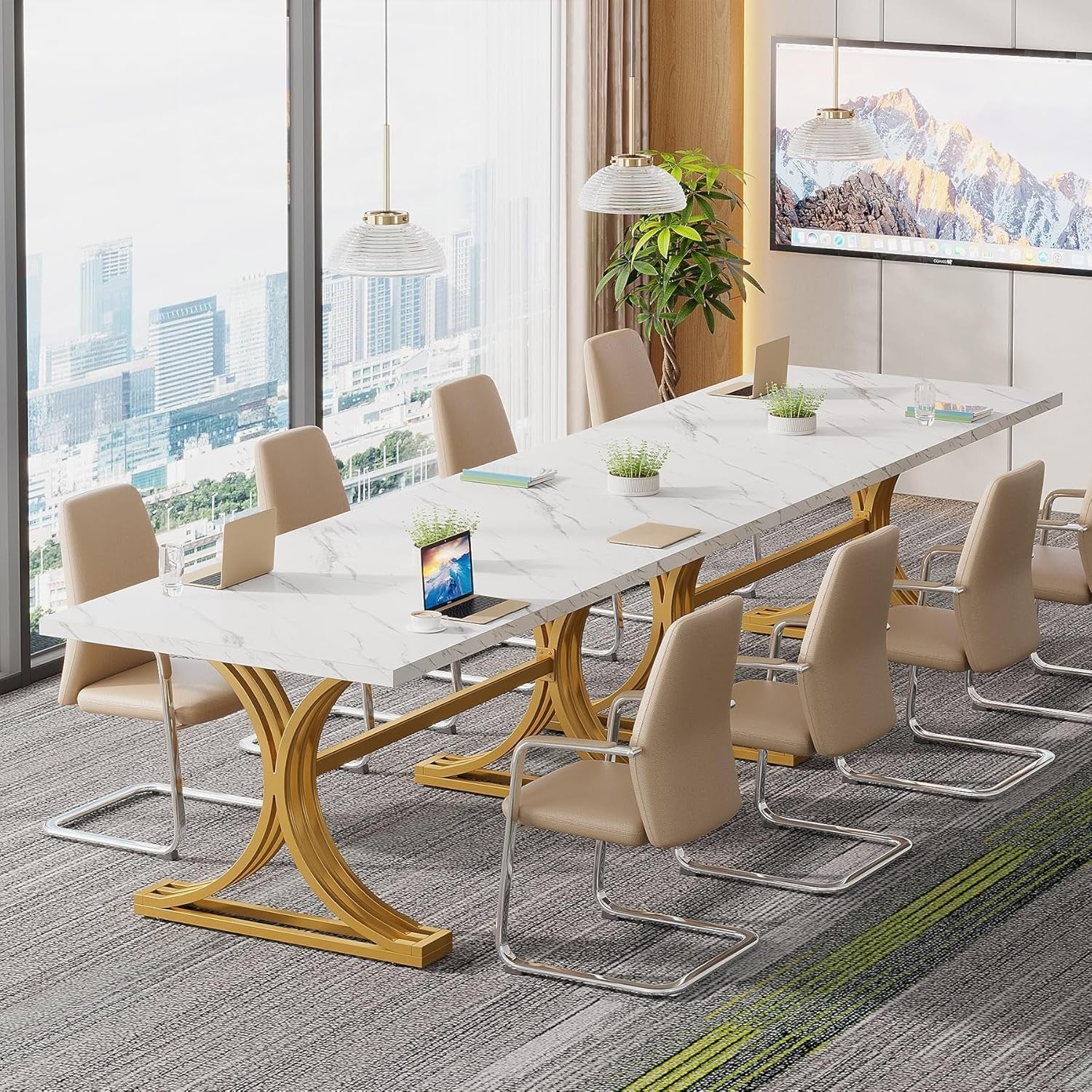 63" Modern Faux Marble Conference Table, Elegant White and Gold Design for Home Office Meetings Seating Six