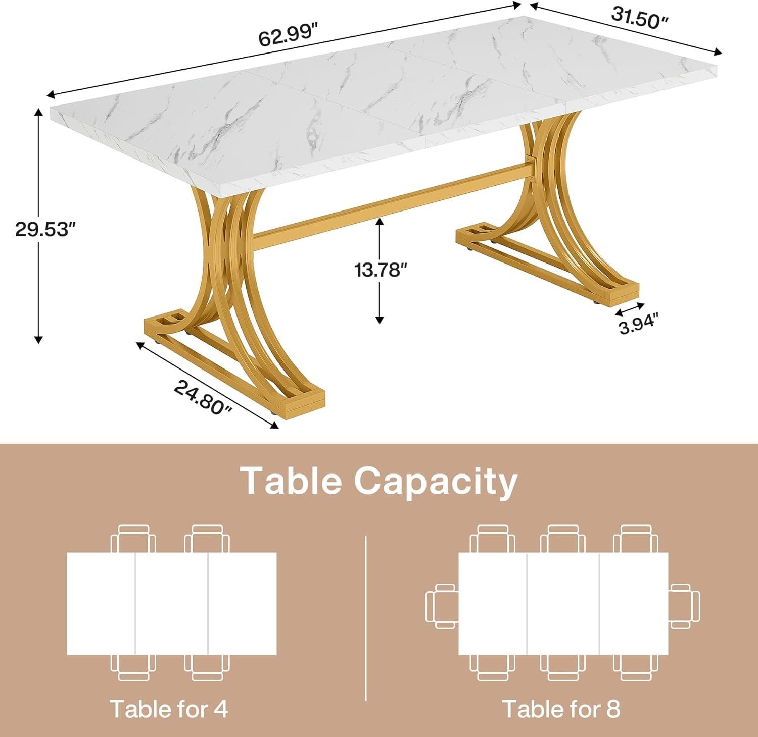 63" Modern Faux Marble Conference Table, Elegant White and Gold Design for Home Office Meetings Seating Six