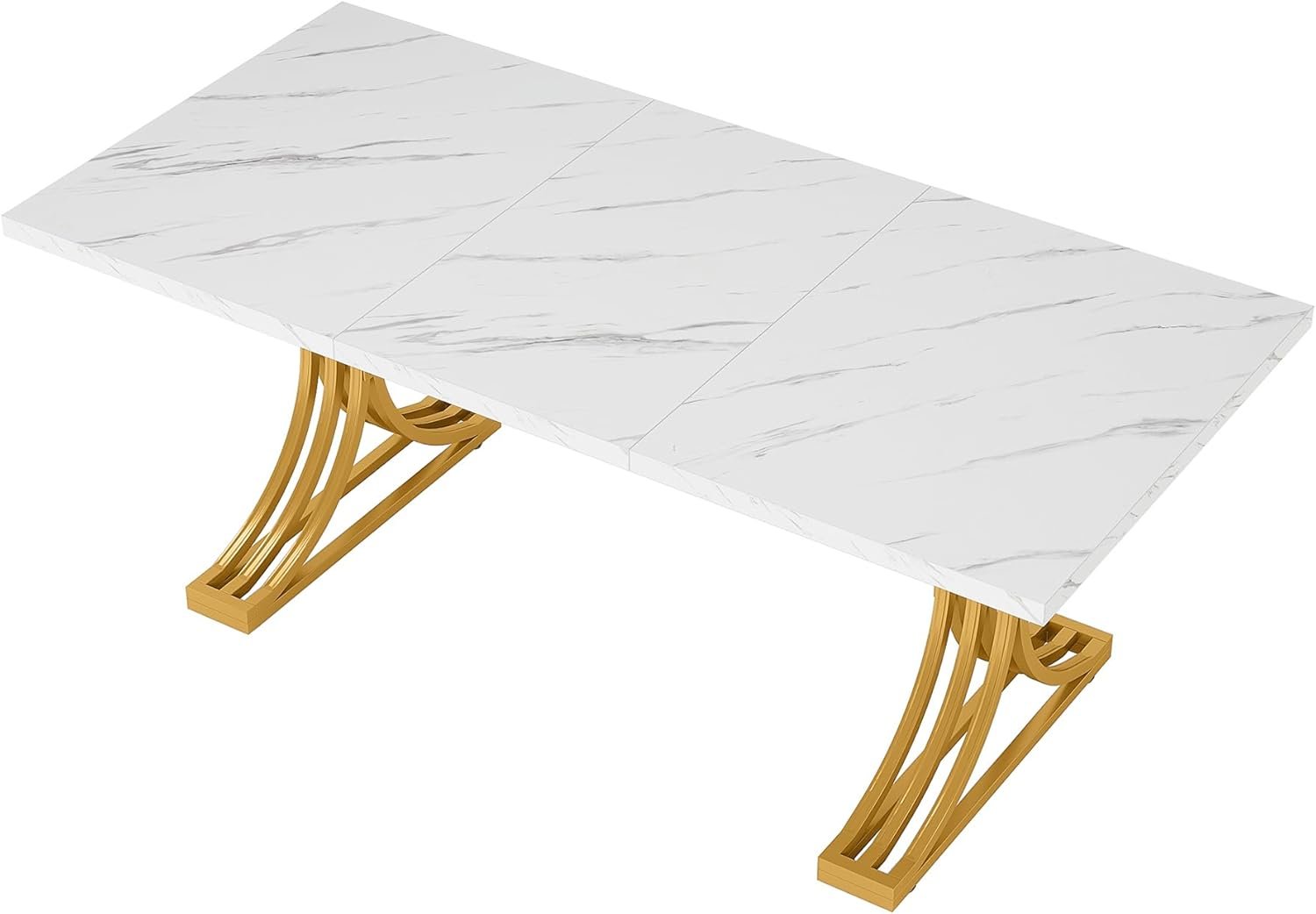 63" Modern Faux Marble Conference Table, Elegant White and Gold Design for Home Office Meetings Seating Six