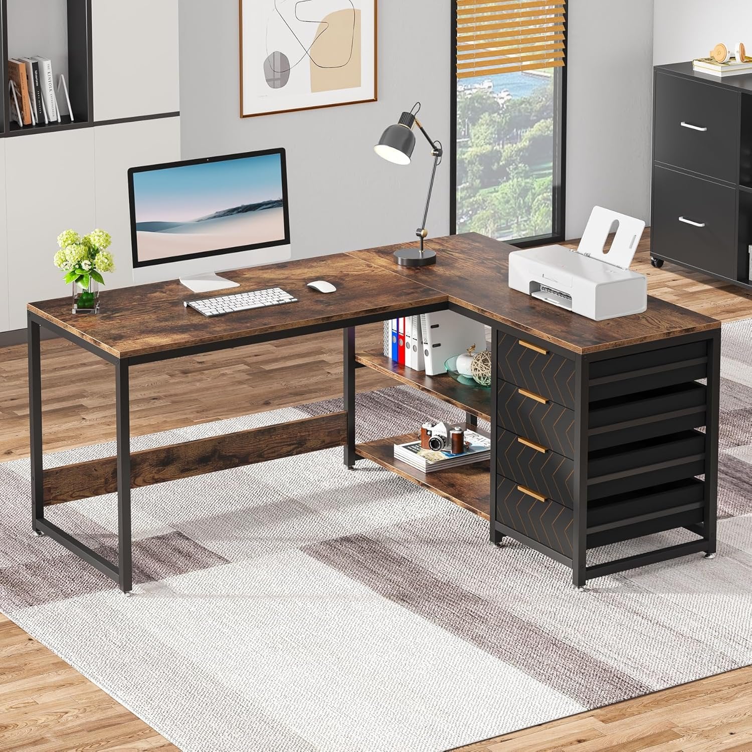 59" L-Shaped Desk, Reversible Corner Desk with Drawers & Shelves