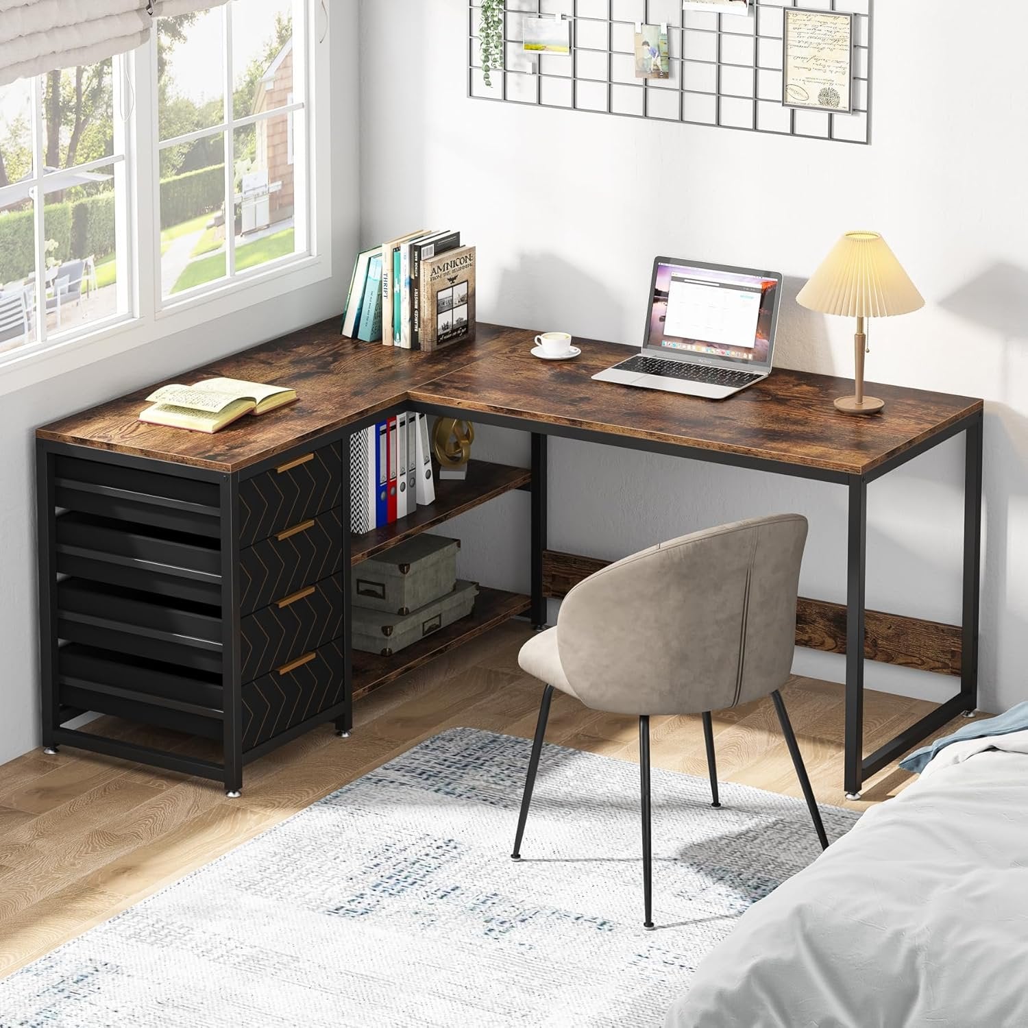 59" L-Shaped Desk, Reversible Corner Desk with Drawers & Shelves
