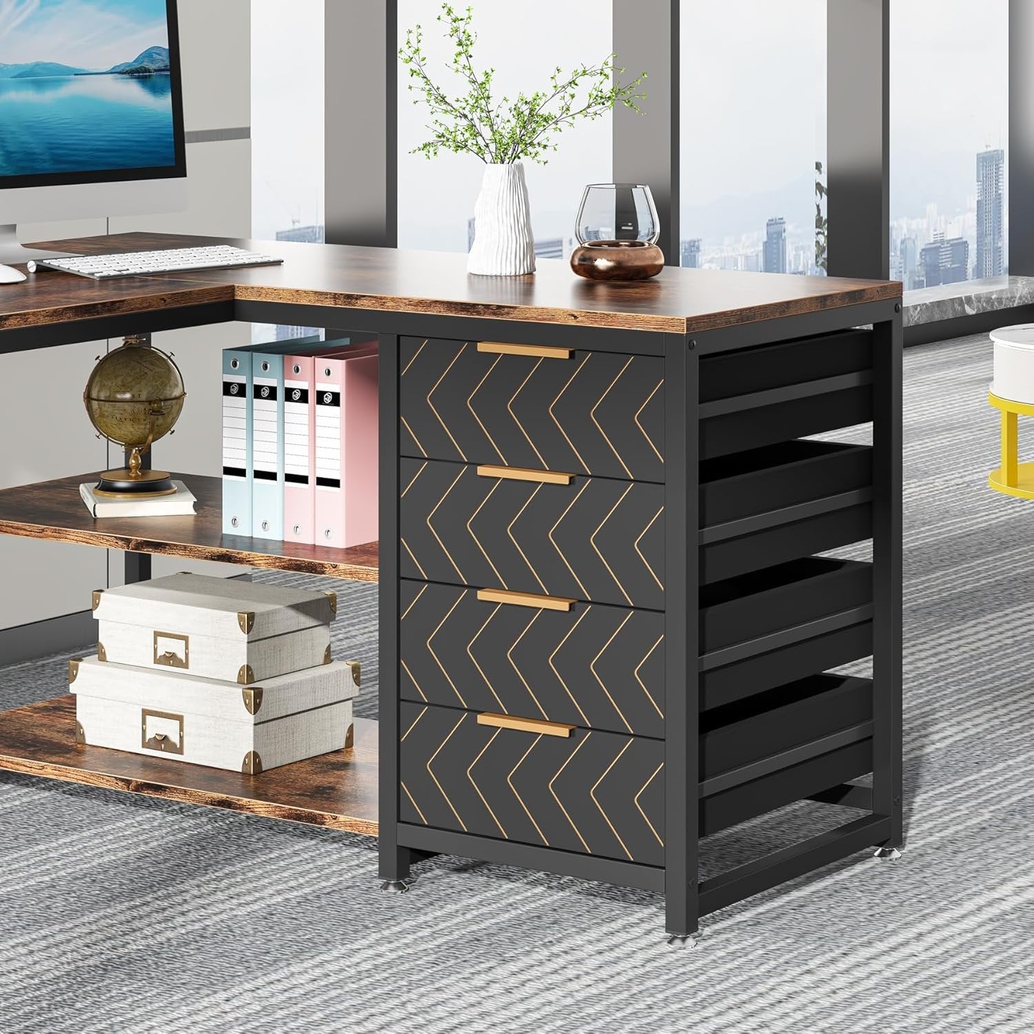 59" L-Shaped Desk, Reversible Corner Desk with Drawers & Shelves