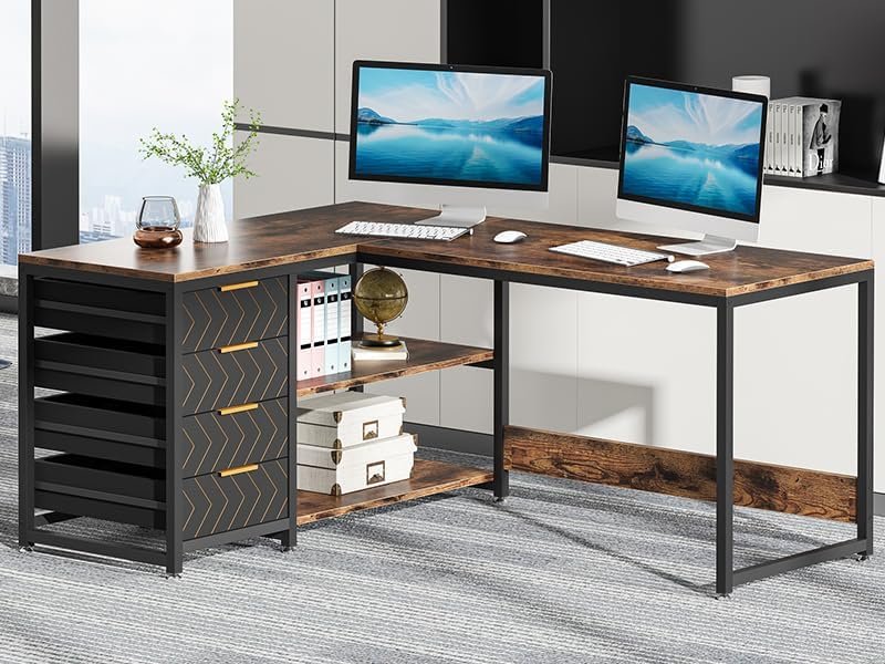 59" L-Shaped Desk, Reversible Corner Desk with Drawers & Shelves