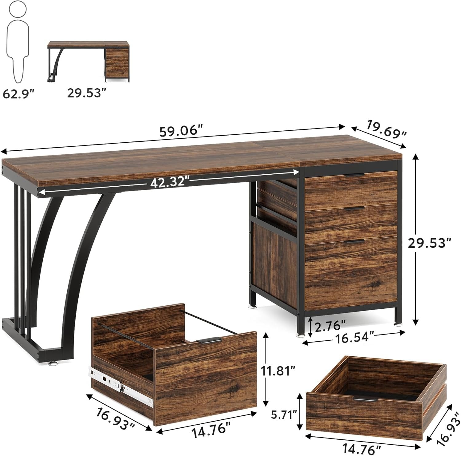 59" Computer Desk with 3 Drawers, Industrial Study Writing Table Workstation with File Storage for Home Office