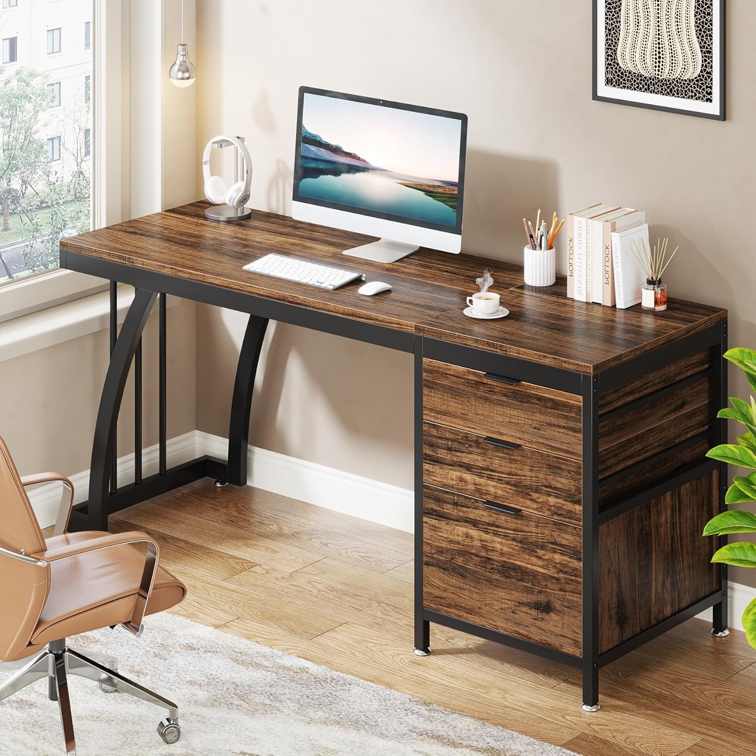 59" Computer Desk with 3 Drawers, Industrial Study Writing Table Workstation with File Storage for Home Office
