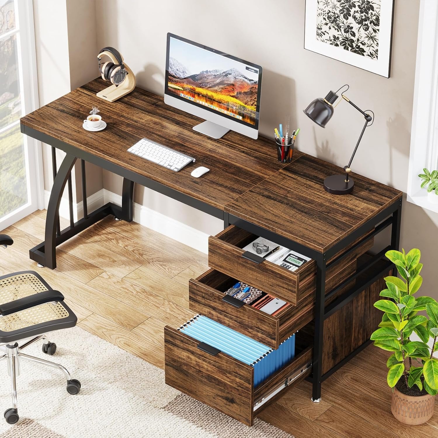 59" Computer Desk with 3 Drawers, Industrial Study Writing Table Workstation with File Storage for Home Office