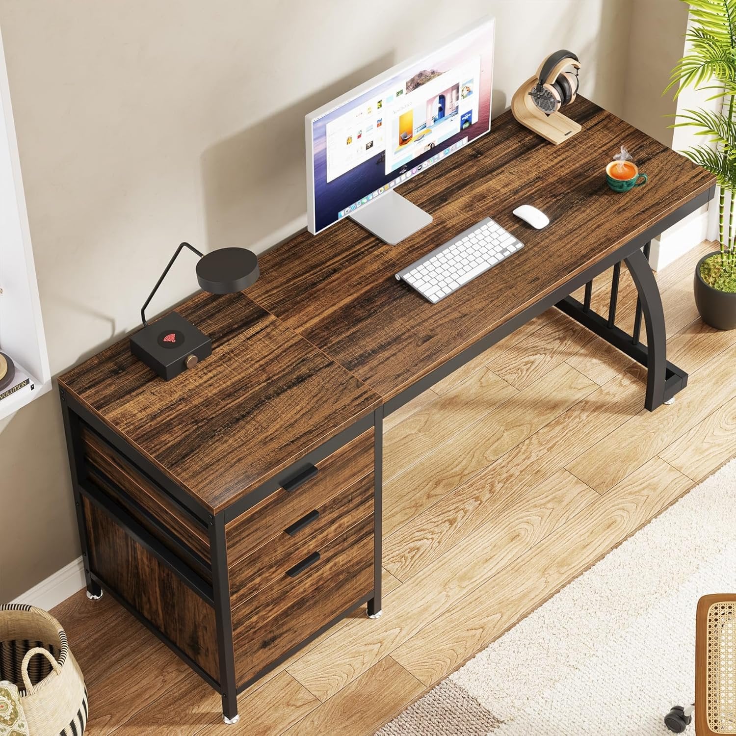59" Computer Desk with 3 Drawers, Industrial Study Writing Table Workstation with File Storage for Home Office